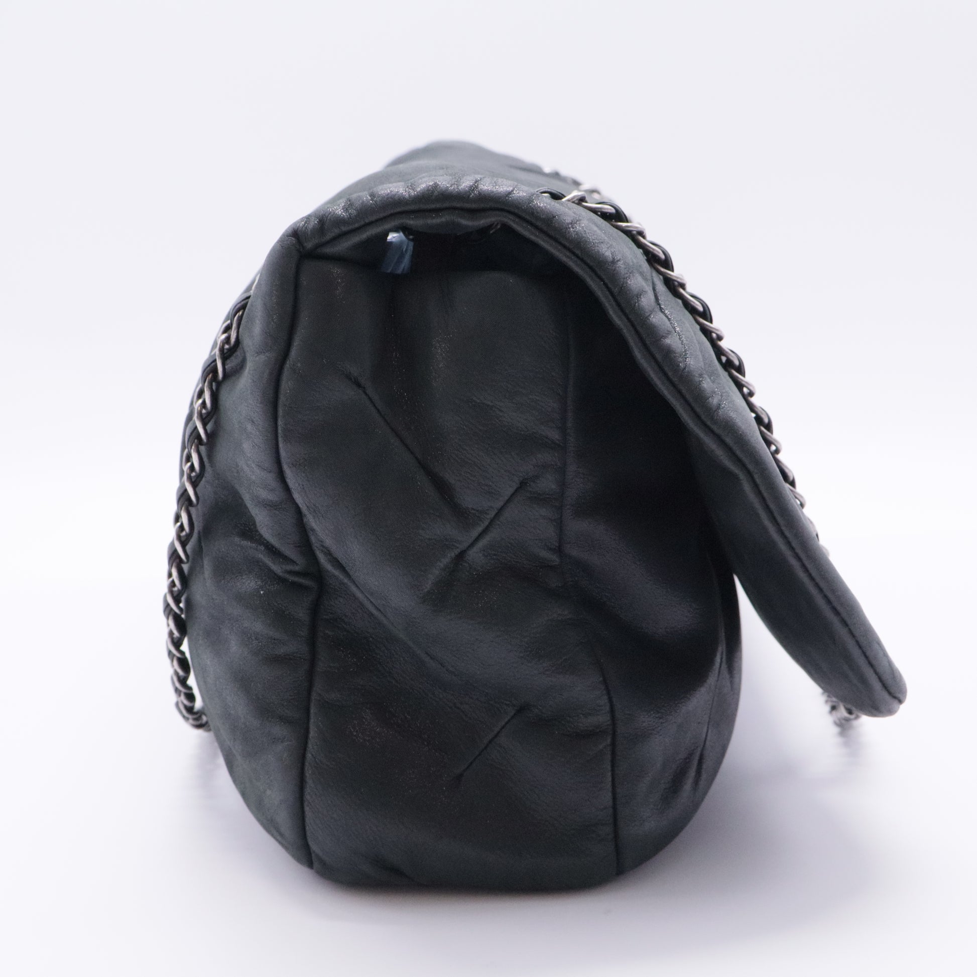 Black Glazed Leather Flap Bag