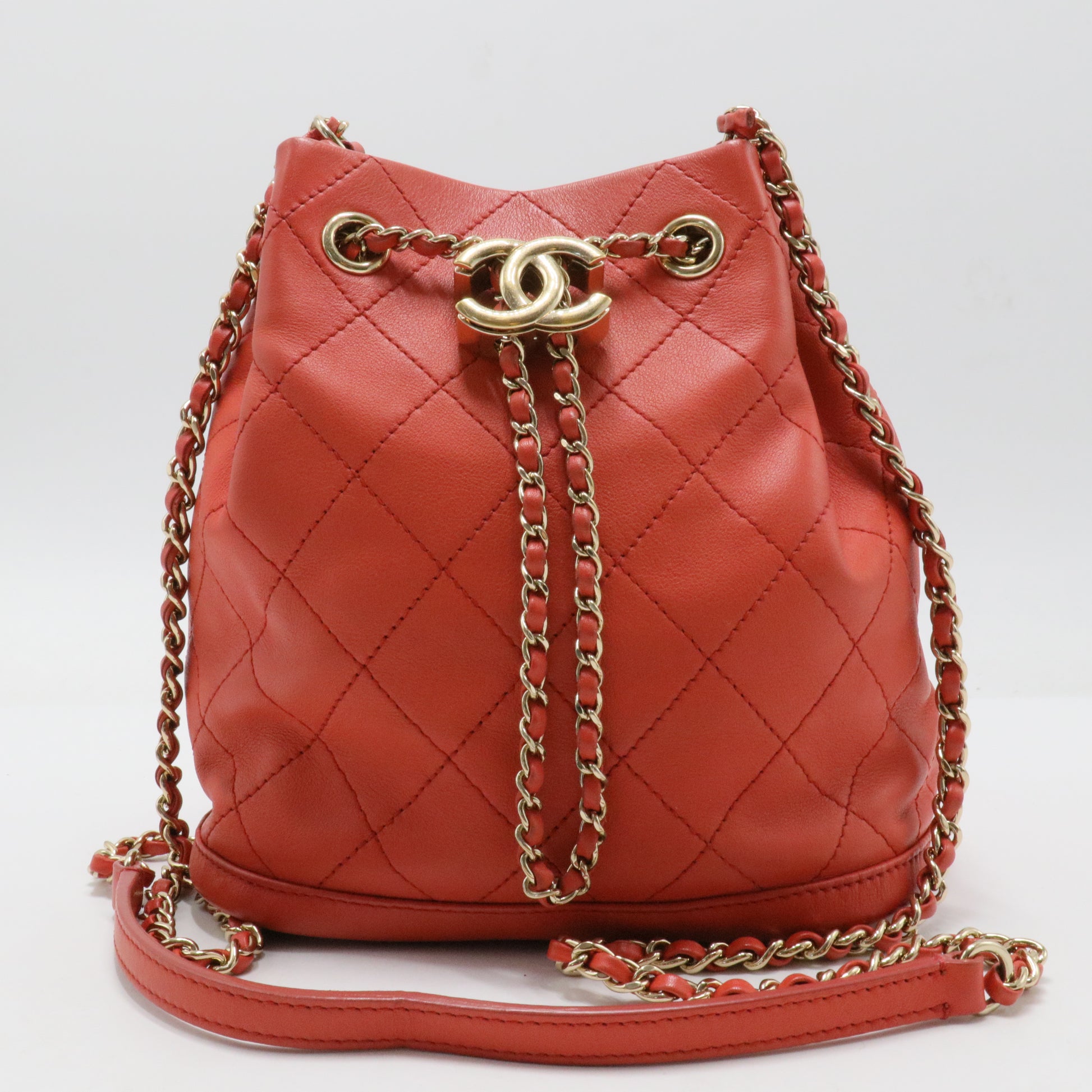 CC Drawstring Bucket Bag Quilted Calfskin Small