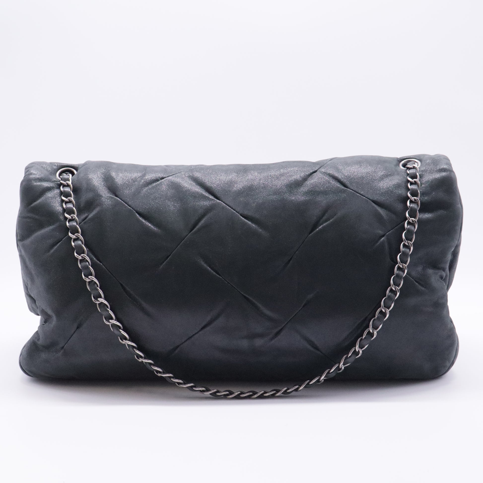 Black Glazed Leather Flap Bag