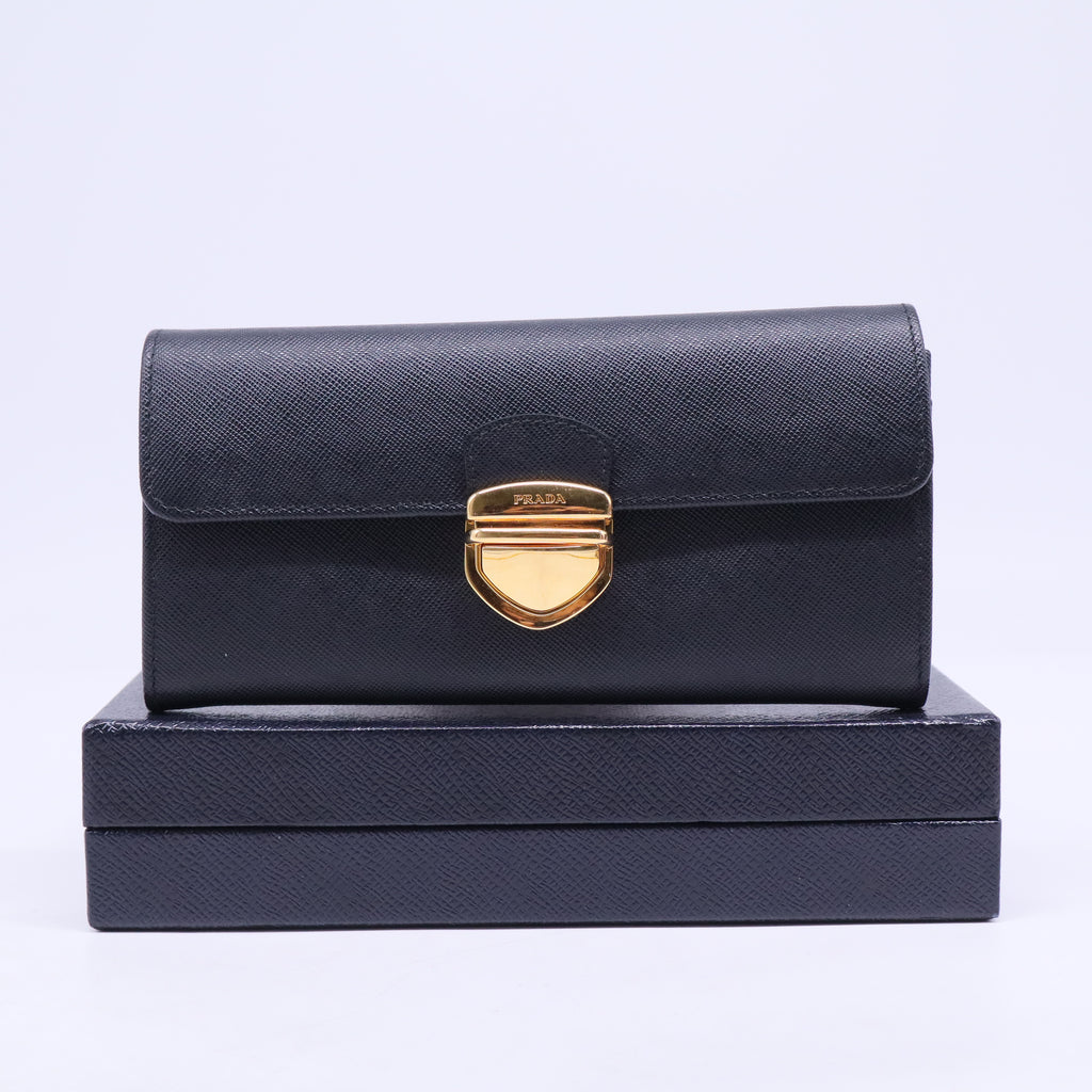 Prada Black Saffiano Leather Push Lock Wallet W20509