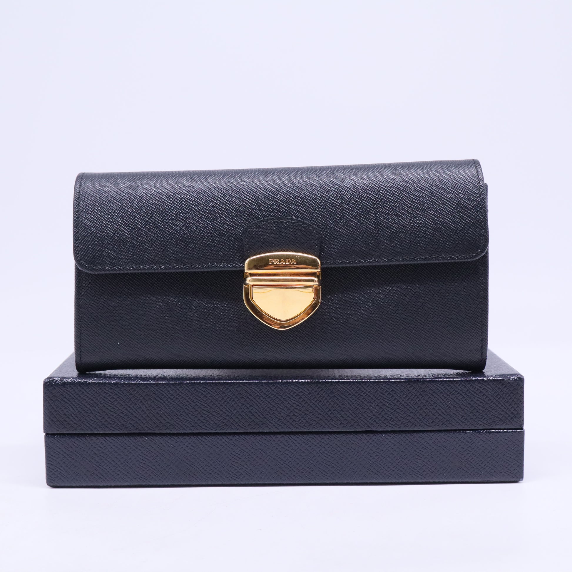 Prada Black Saffiano Leather Push Lock Wallet W20509