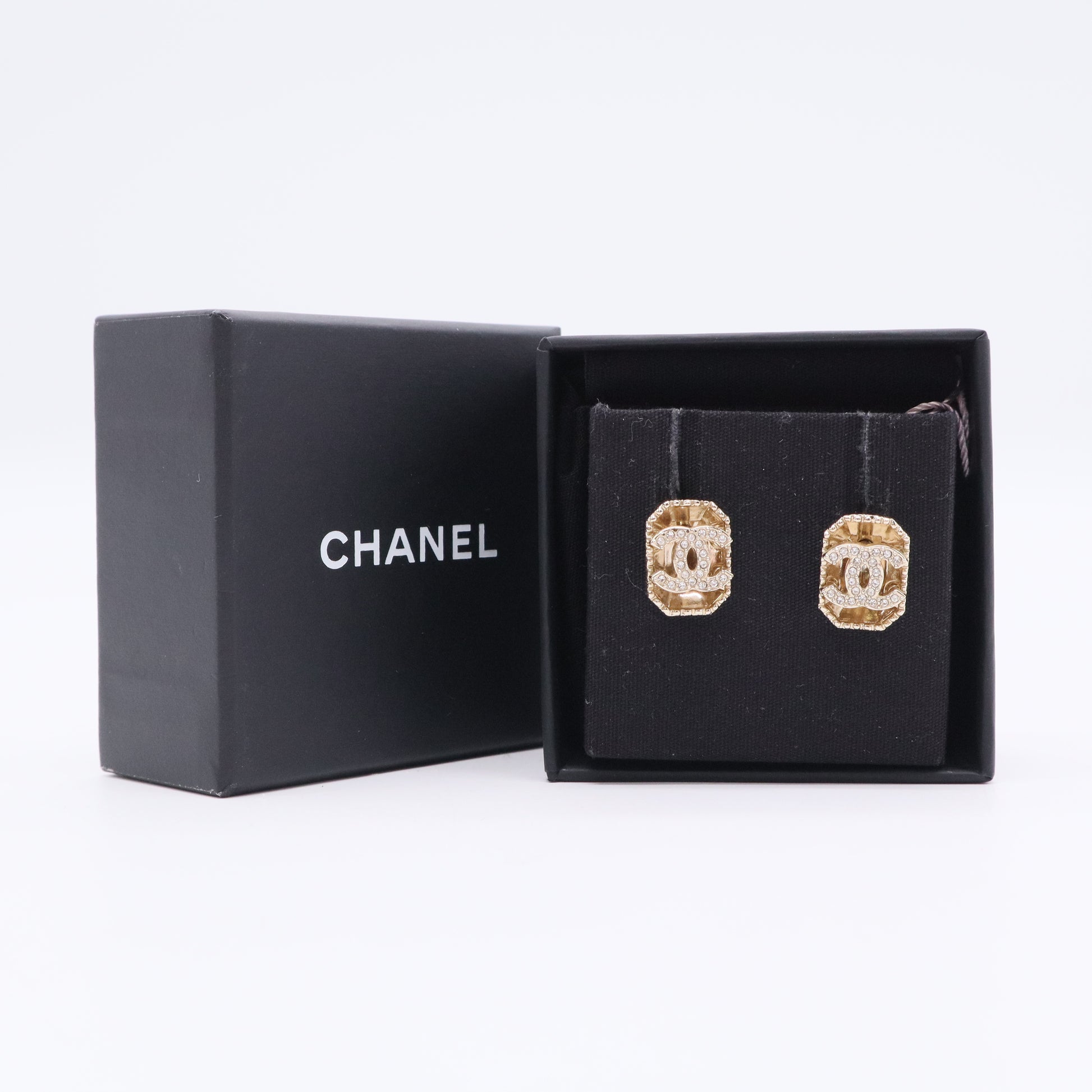 Chanel Rhinestone Coco Stud Earrings Golden Twins