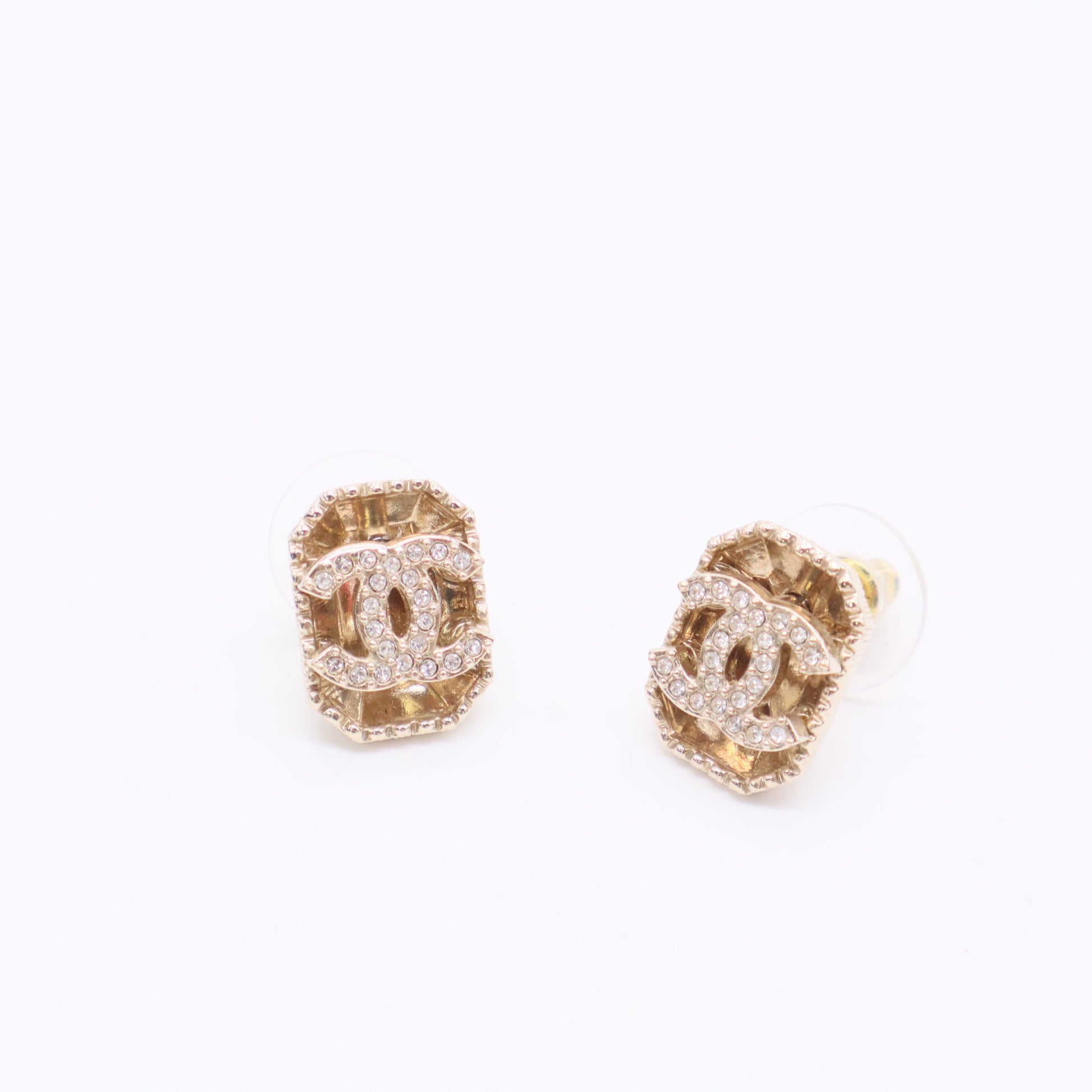 Chanel Rhinestone Coco Stud Earrings Golden Twins