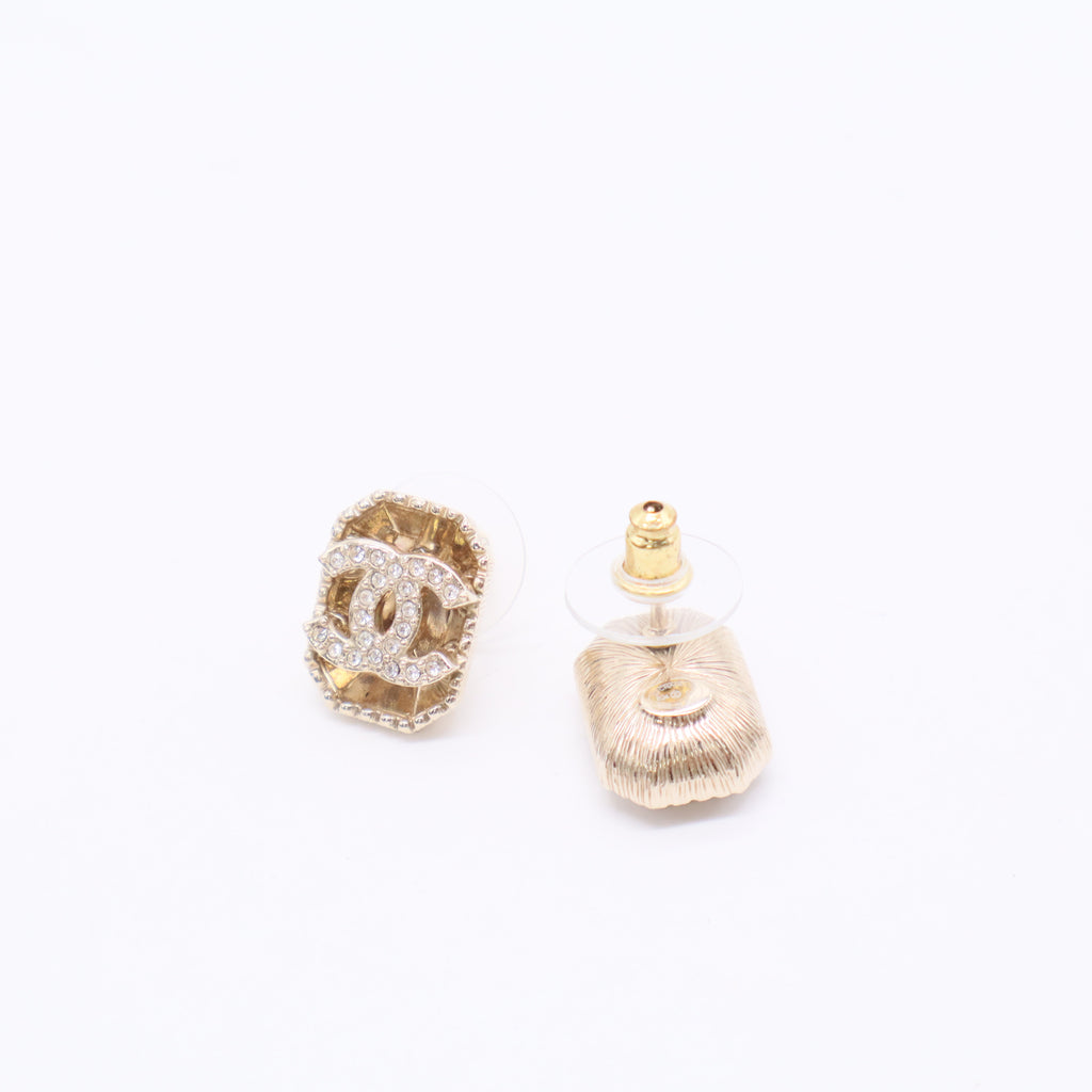 Chanel Rhinestone Coco Stud Earrings Golden Twins