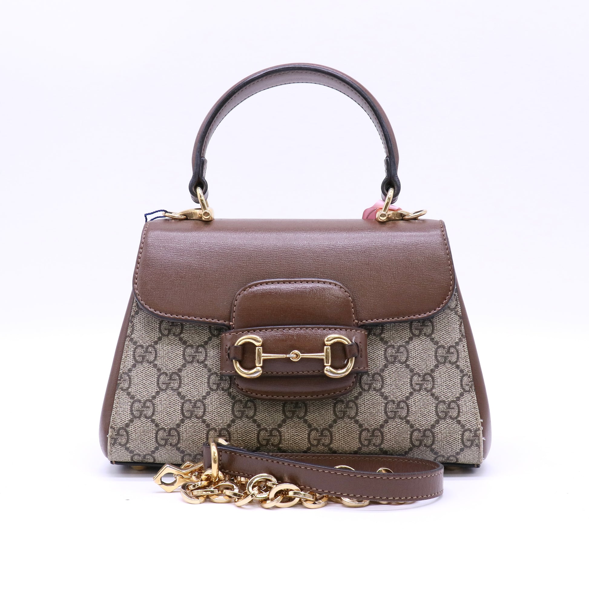 Gucci GG Supreme Monogram Azalea Calfskin Mini Horsebit 1955 Top Handle Flap Bag Beige Ebony Brown Sugar twins LDJ4676