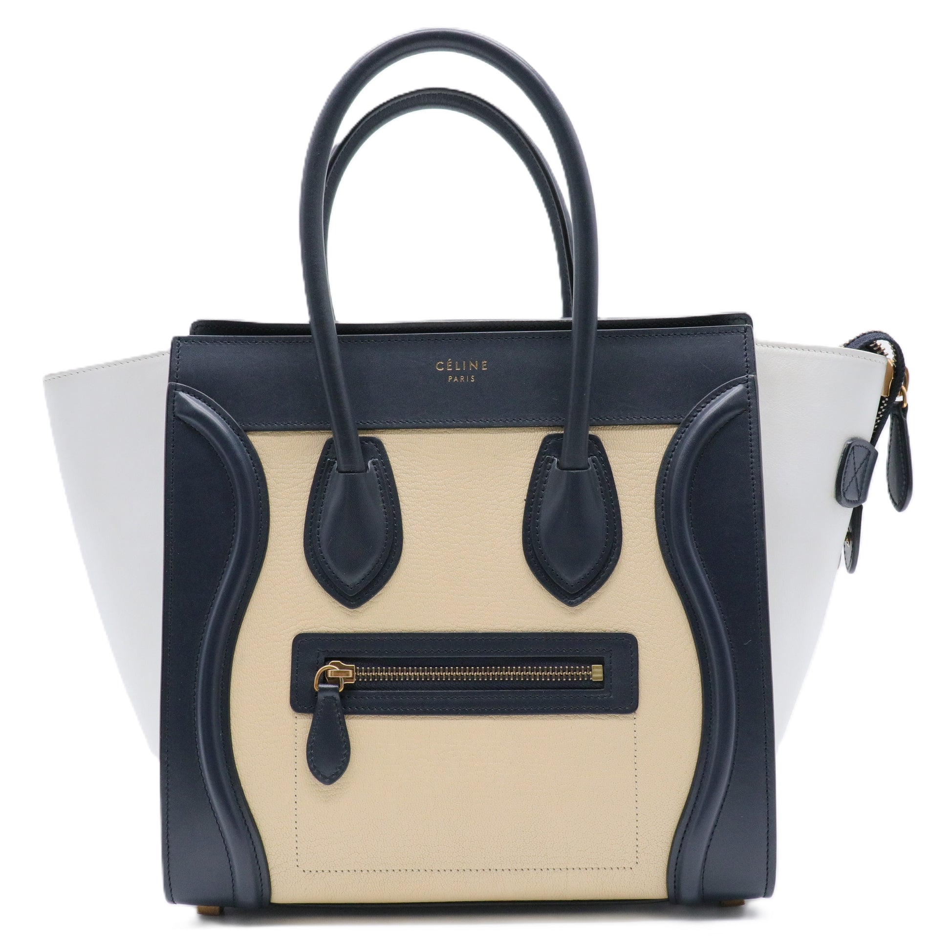 Navy Blue/Beige/White Leather Nano Luggage Tote Bag