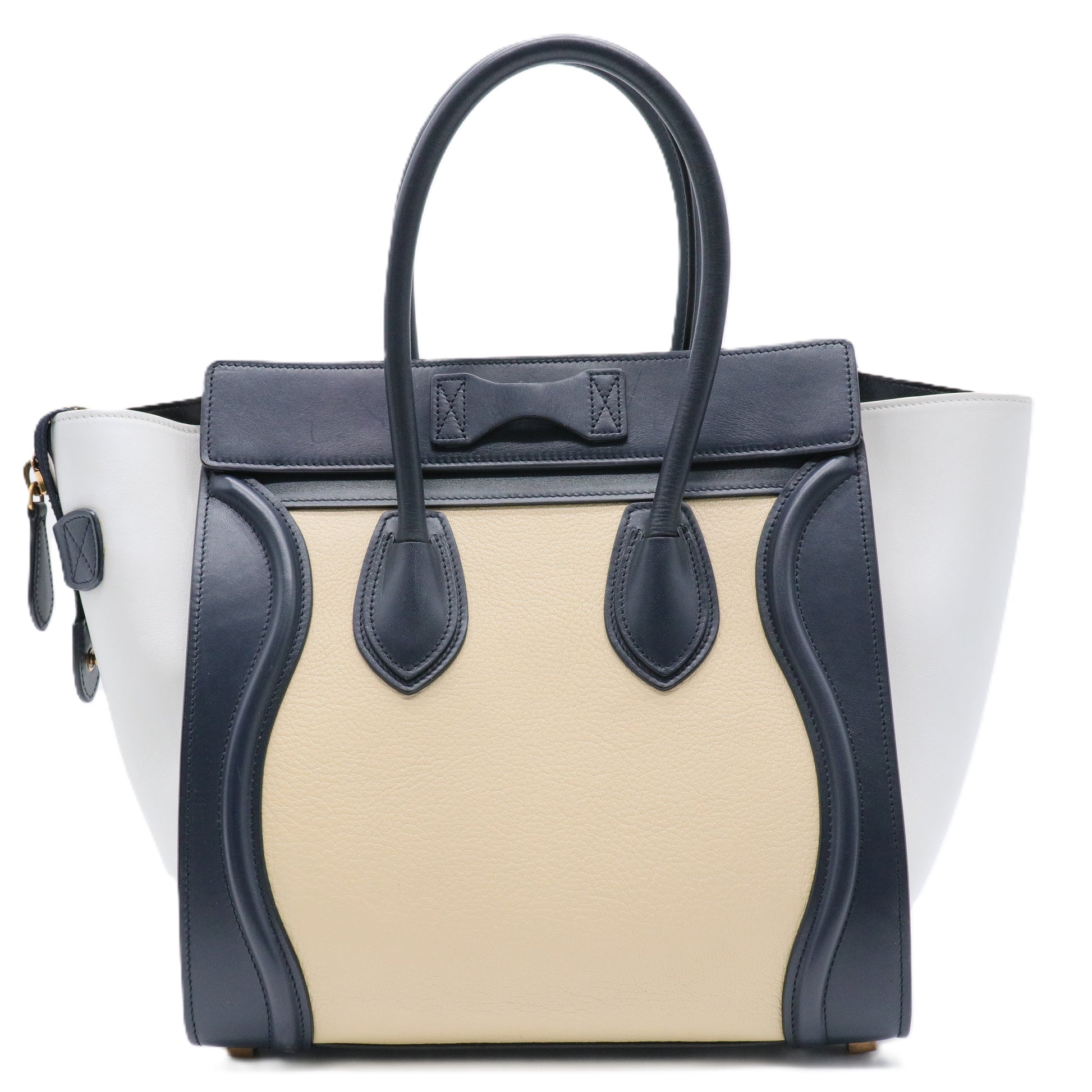 Navy Blue/Beige/White Leather Nano Luggage Tote Bag