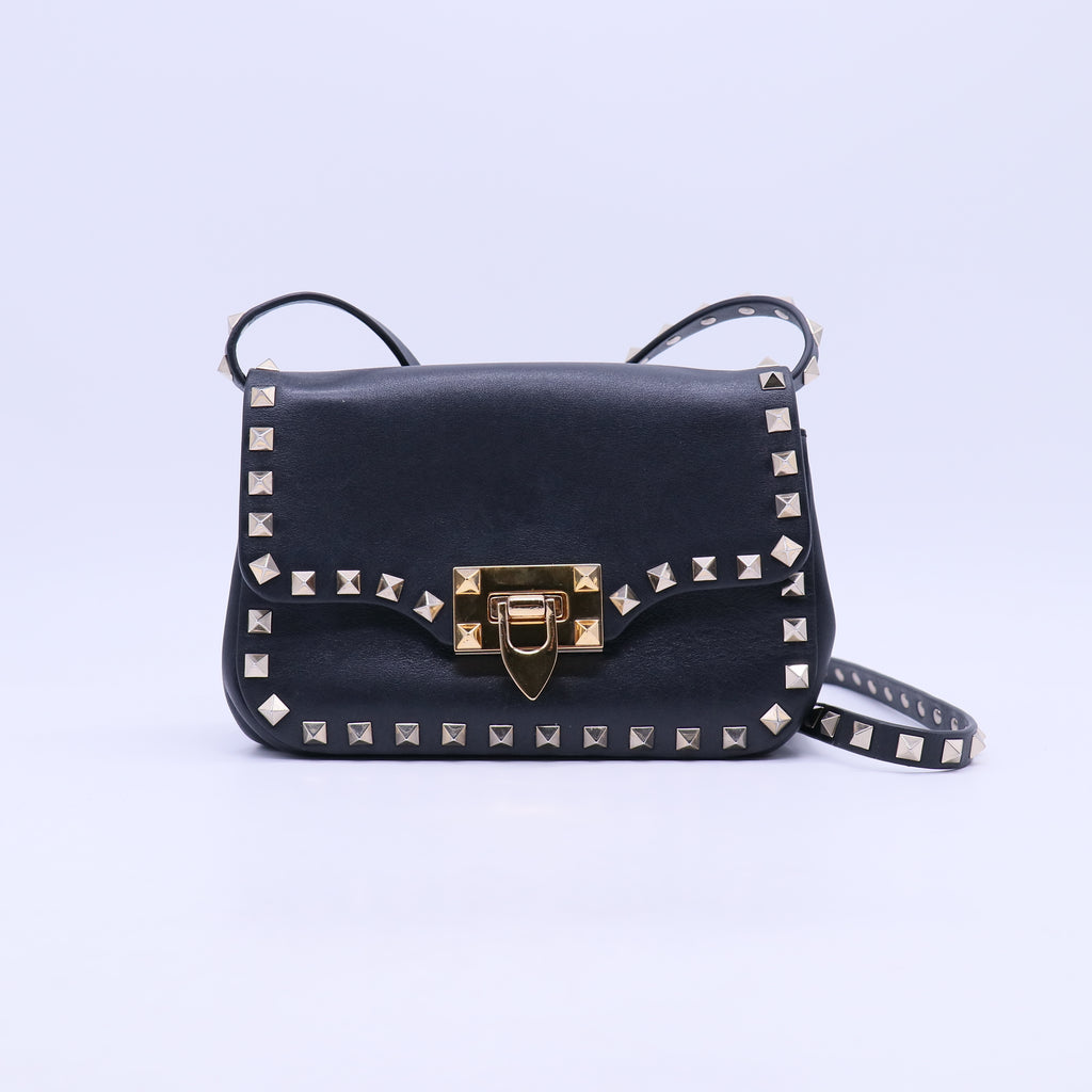 Vitello Mini Rockstud Flap Saddle Crossbody Bag Black B21005