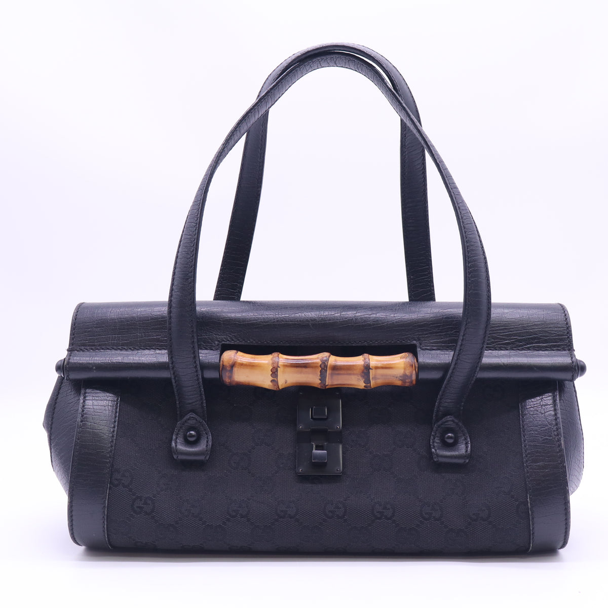 Gucci Vintage GG Canvas Bamboo Bar Flap Shoulder Bag Black twins LDJ6400