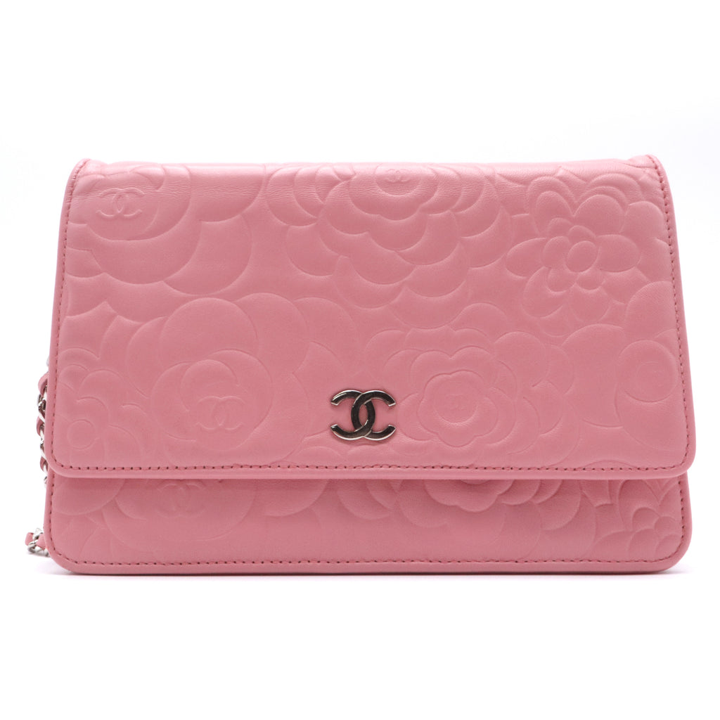 Lambskin Camellia Embossed Wallet On Chain WOC Pink