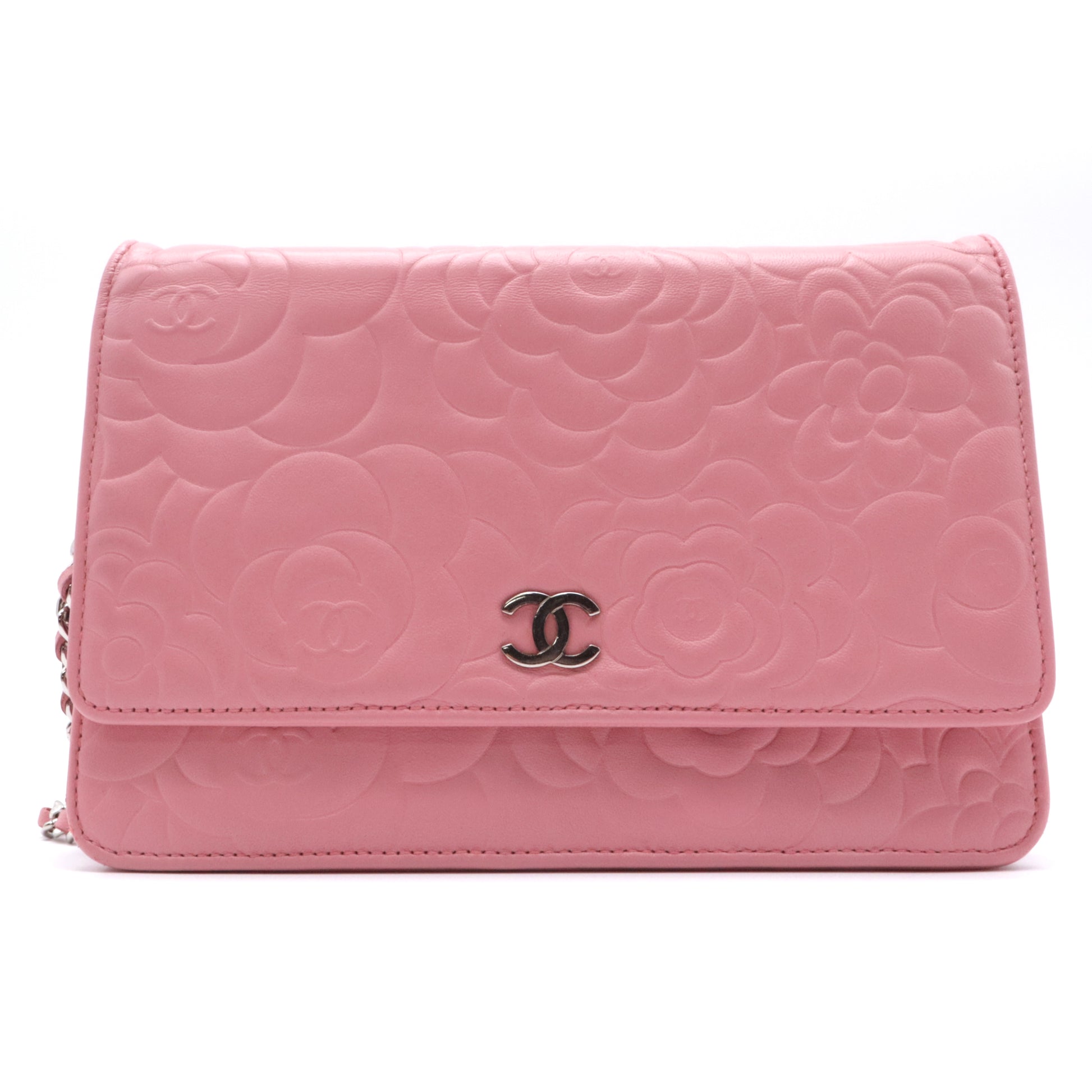 Lambskin Camellia Embossed Wallet On Chain WOC Pink