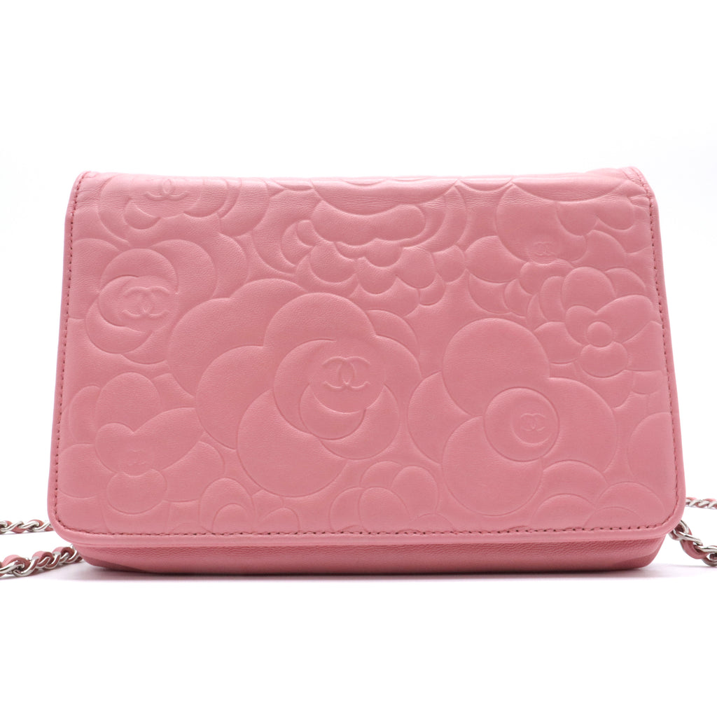 Lambskin Camellia Embossed Wallet On Chain WOC Pink