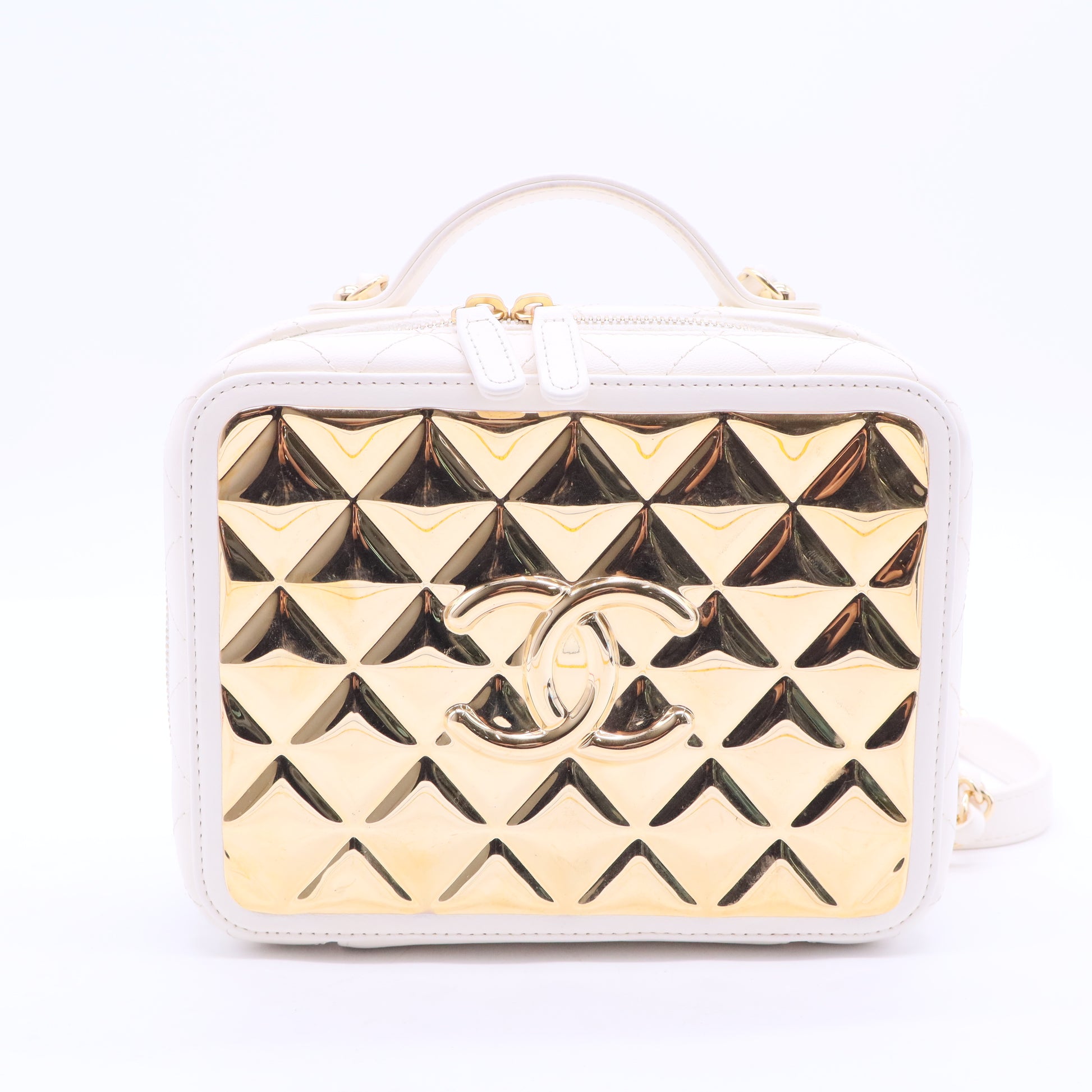 Lambskin Quilted Golden Plate Vanity Case White Gold B12405