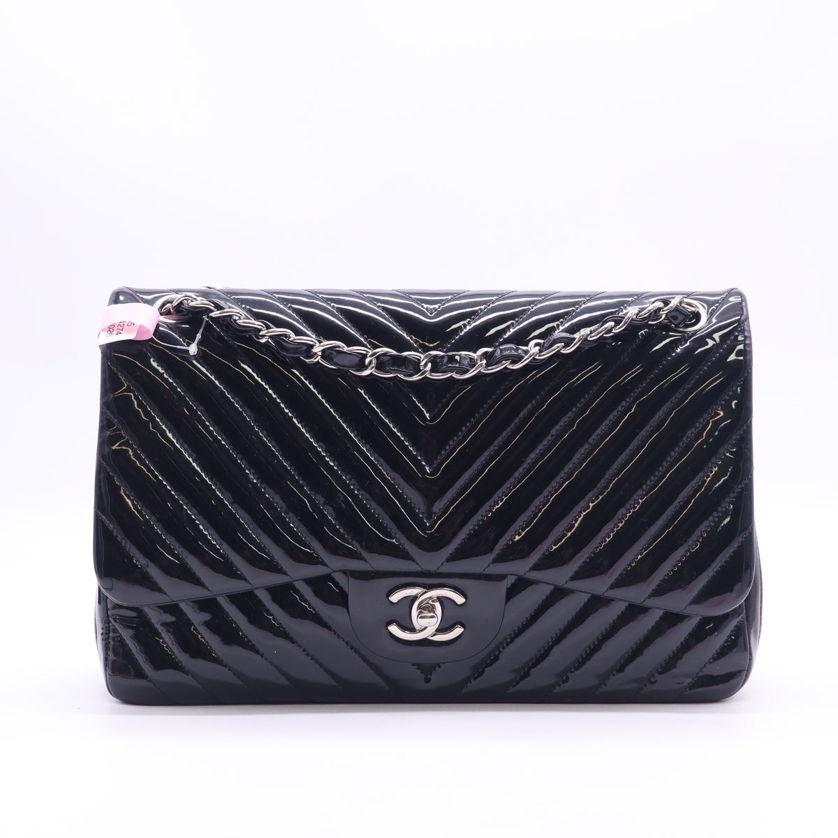 Chanel Black Chevron Quilted Patent Leather Classic Jumbo twins LDJ6423