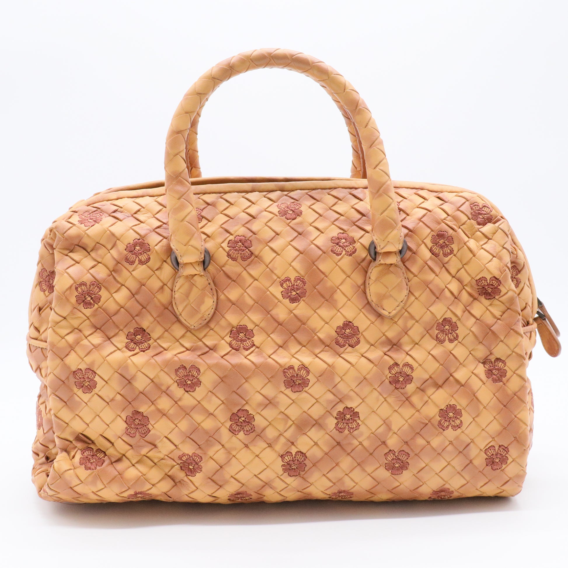 Beige Intrecciato Leather Embroidered Floral Satchel