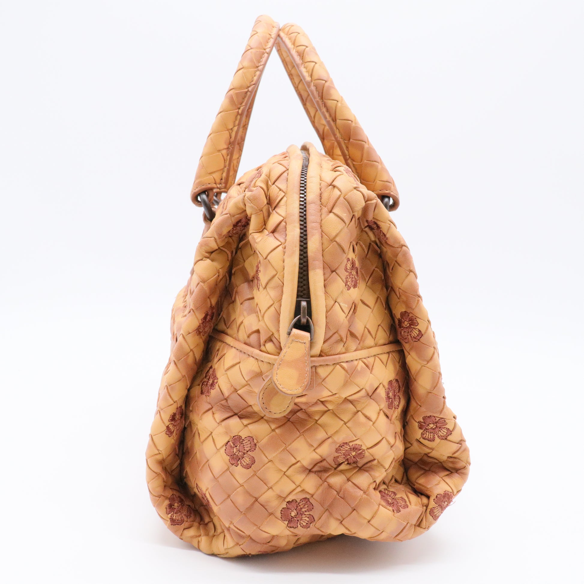 Beige Intrecciato Leather Embroidered Floral Satchel