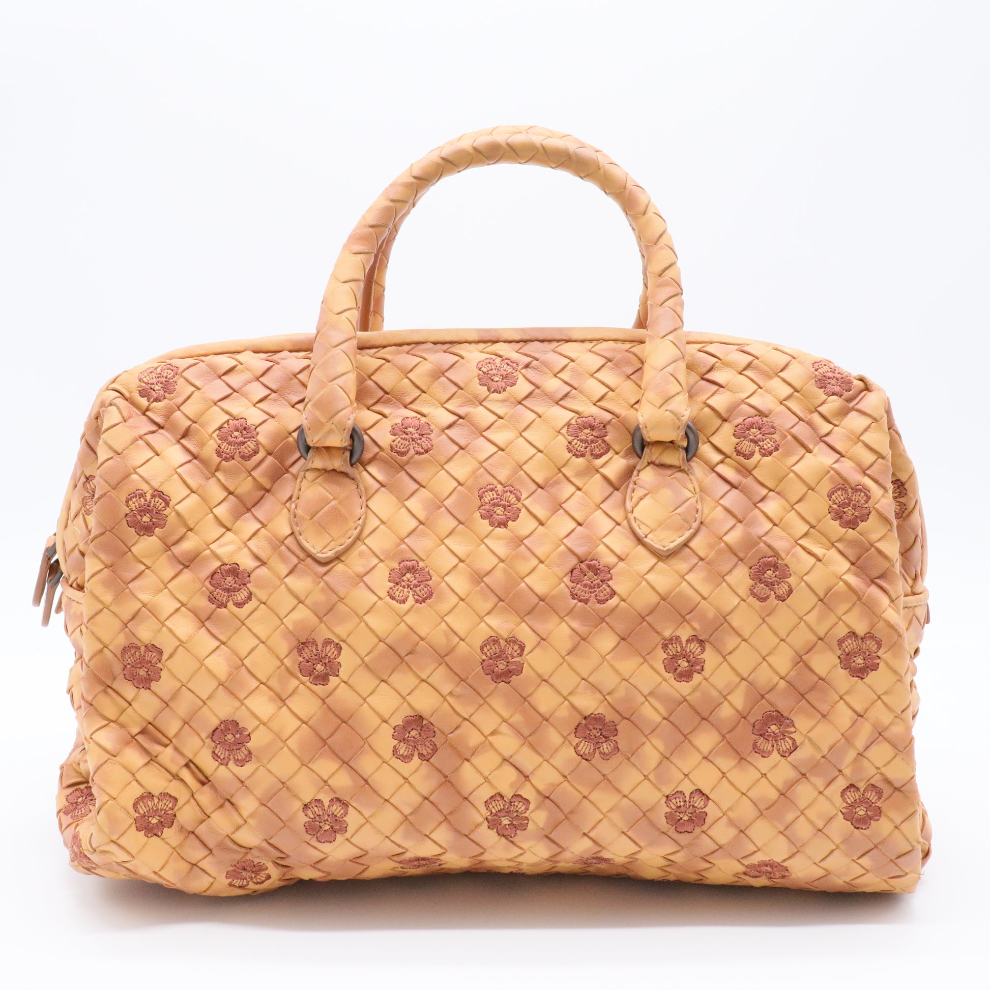 Beige Intrecciato Leather Embroidered Floral Satchel