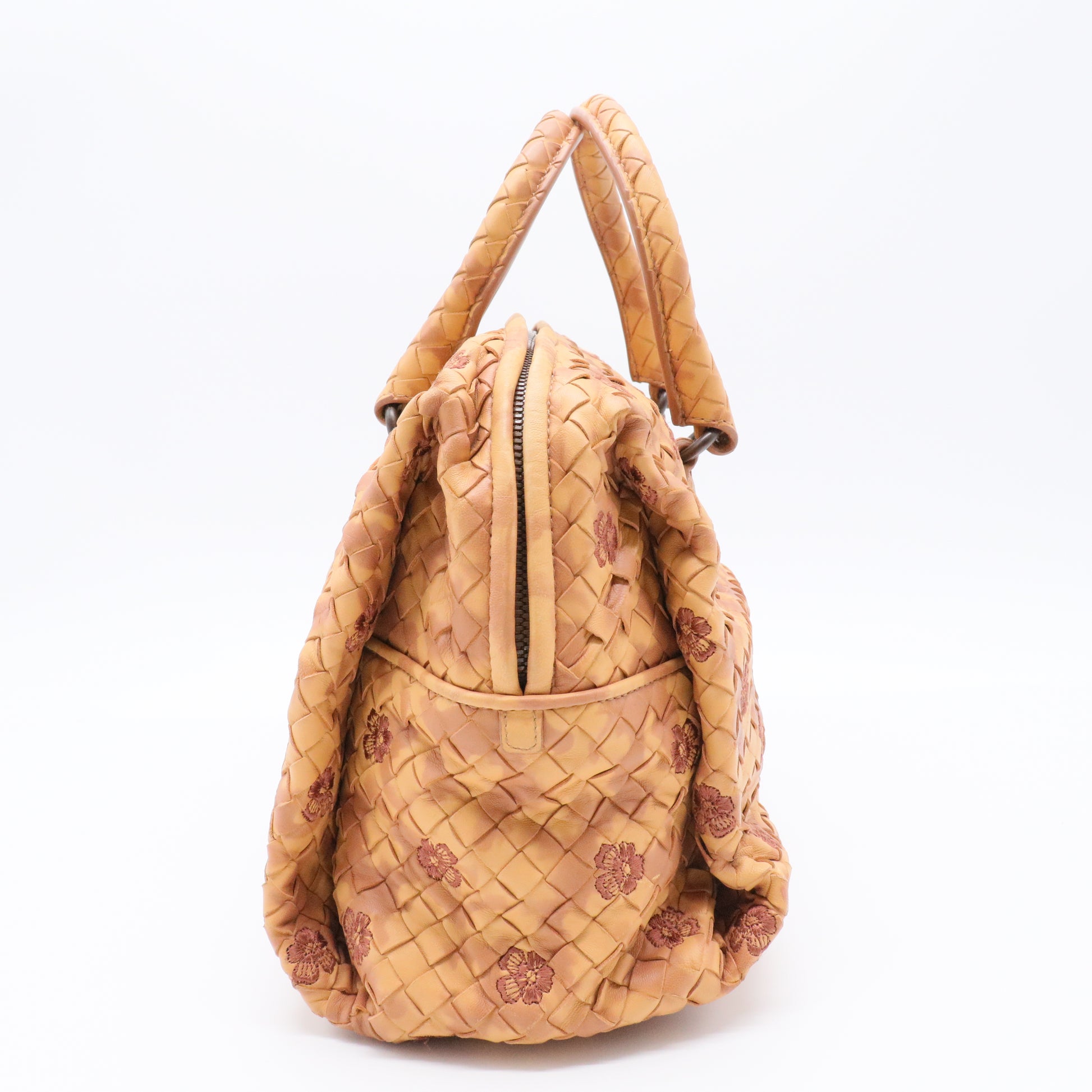 Beige Intrecciato Leather Embroidered Floral Satchel