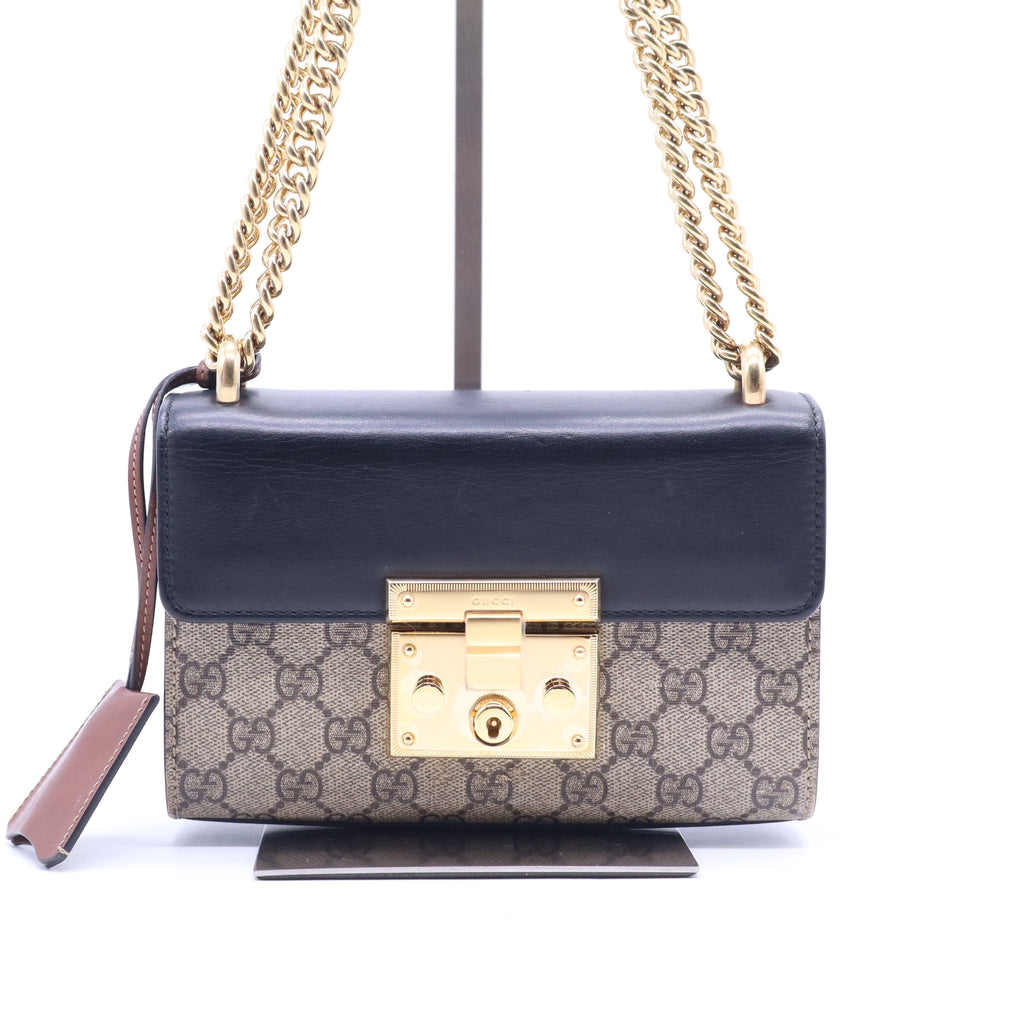 GG Supreme Monogram Calfskin Small Padlock Shoulder Bag Beige Black Cuir B21618