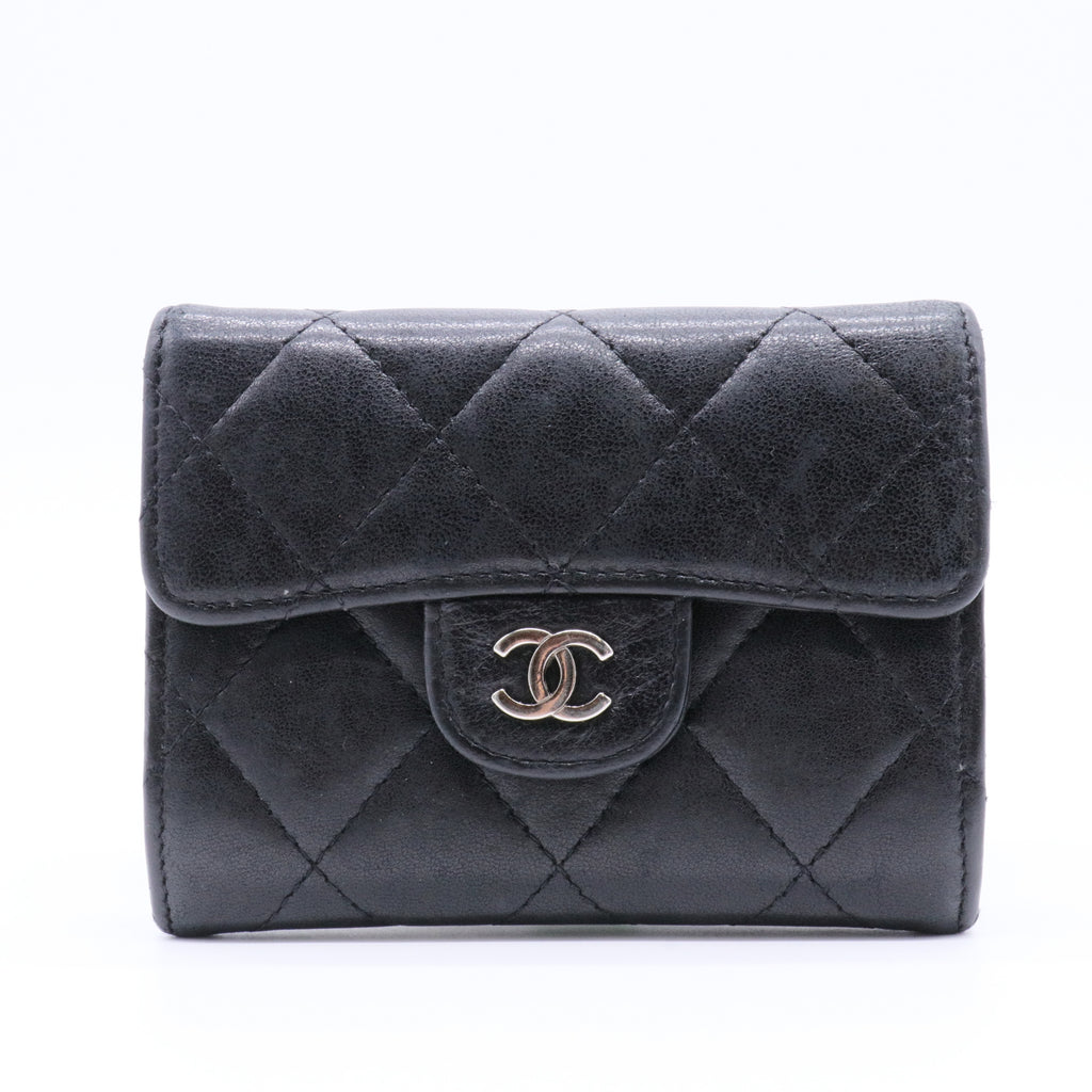 Lambskin Quilted Flap Card Holder Wallet Black