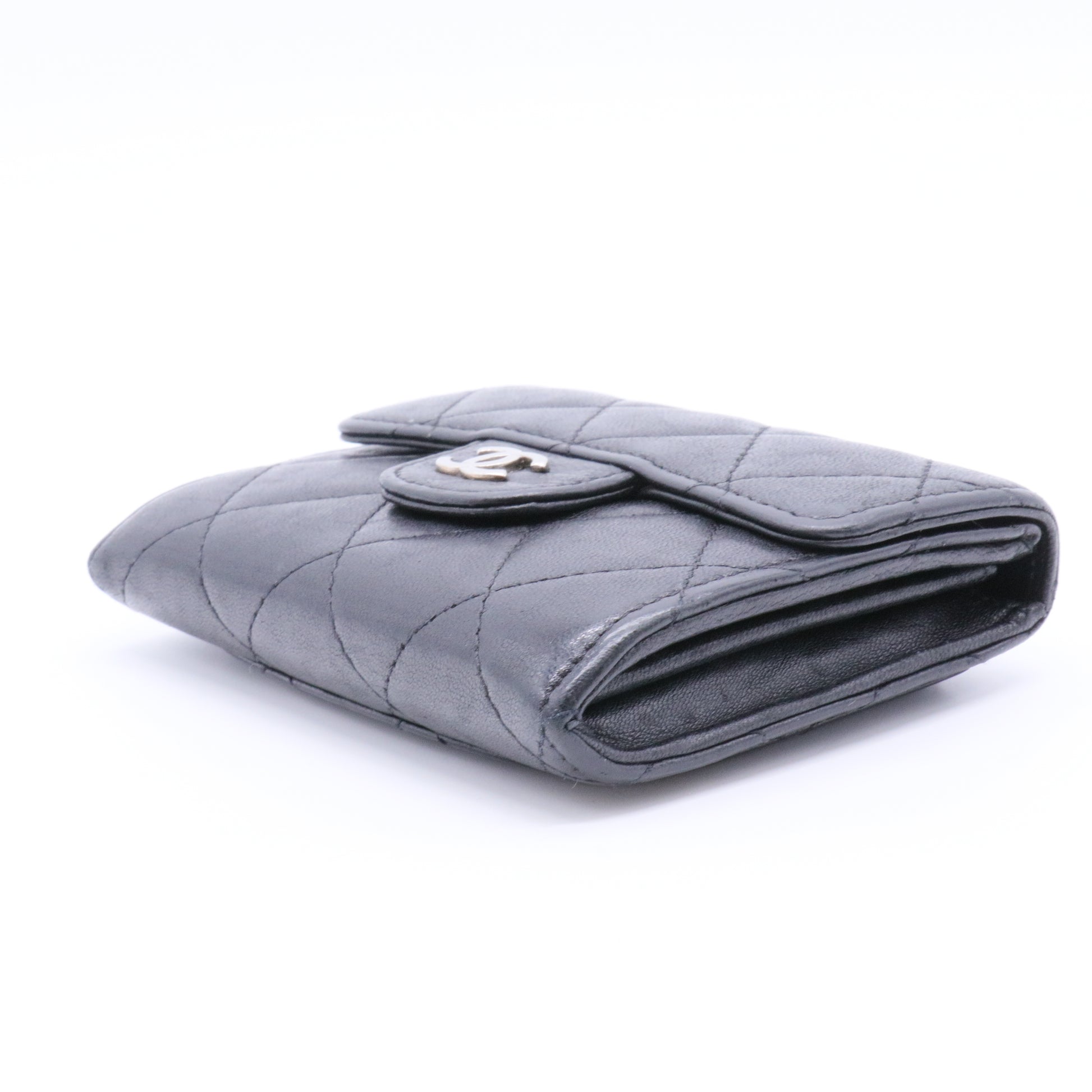Lambskin Quilted Flap Card Holder Wallet Black