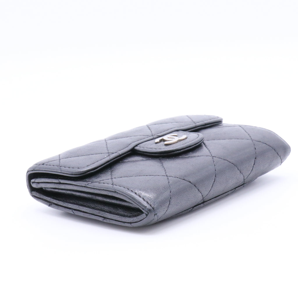 Lambskin Quilted Flap Card Holder Wallet Black