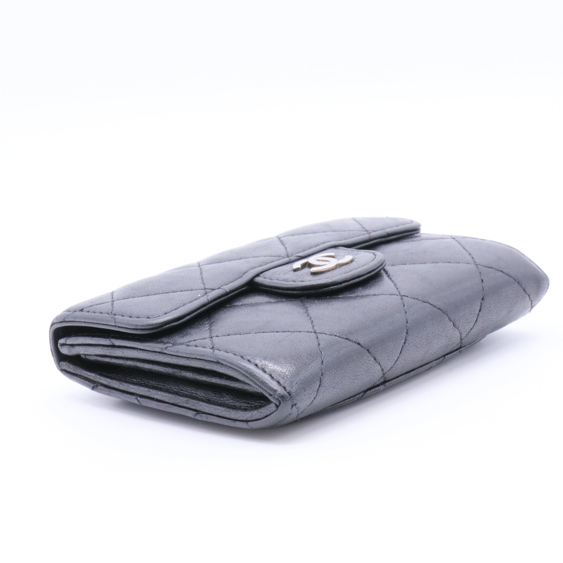 Lambskin Quilted Flap Card Holder Wallet Black