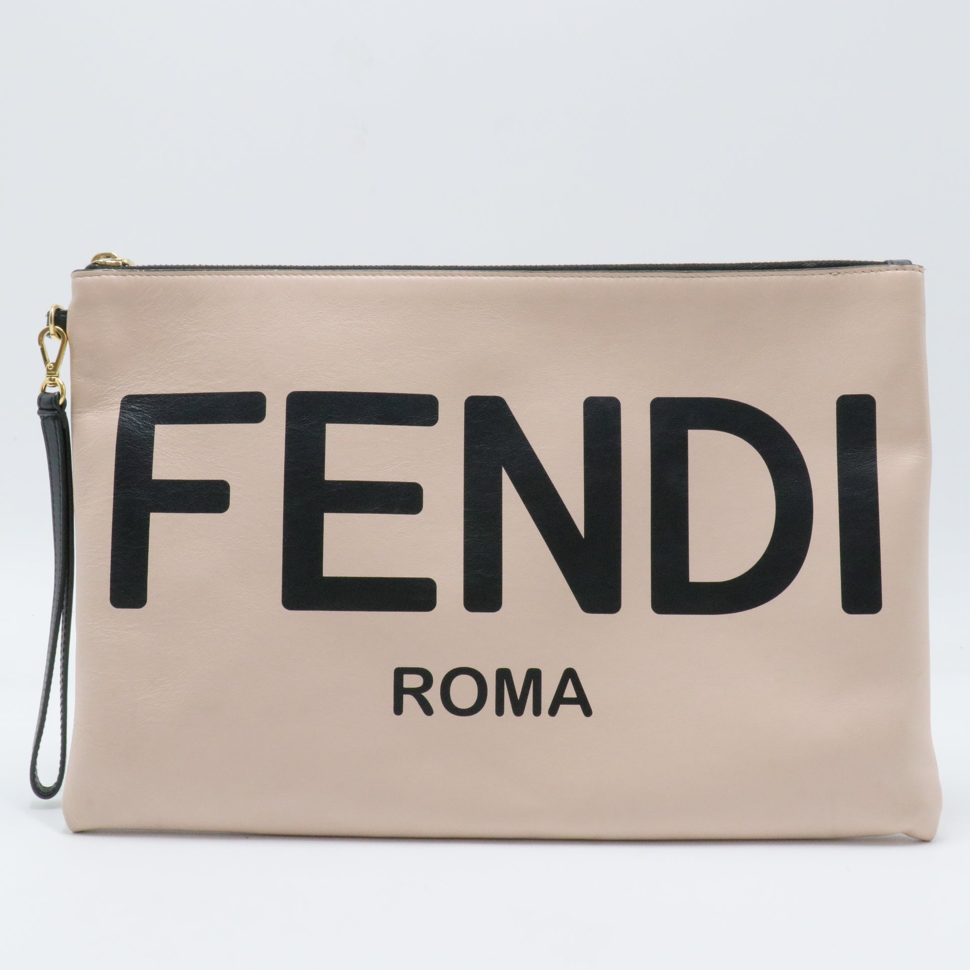 Logo Flat Wristlet Pouch Embossed Leather Large