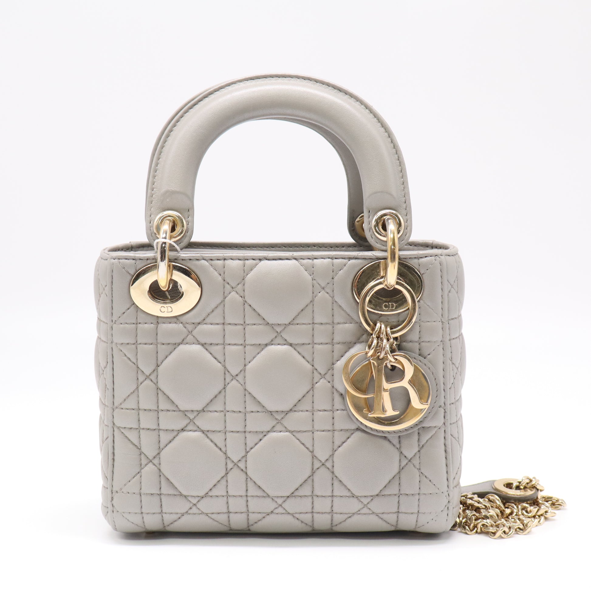 Christian Dior Grey Cannage Quilted Lambskin Leather Mini Lady Dior Bag Twins LDJ4719
