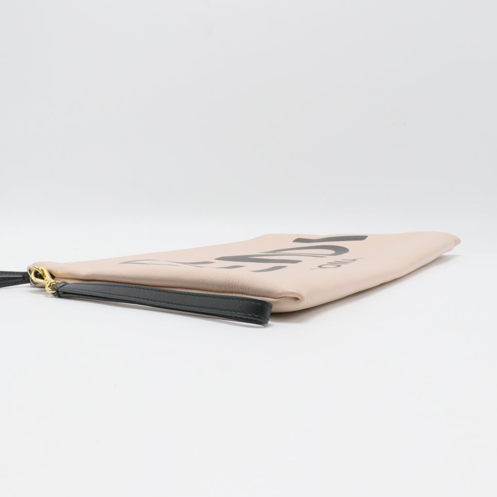 Logo Flat Wristlet Pouch Embossed Leather Large