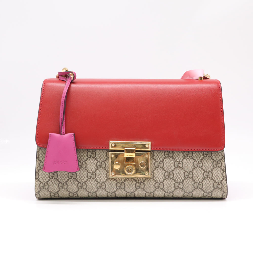 Gucci Red GG Supreme Coated Canvas Padlock Medium Shoulder Bag Twins LDJ4705