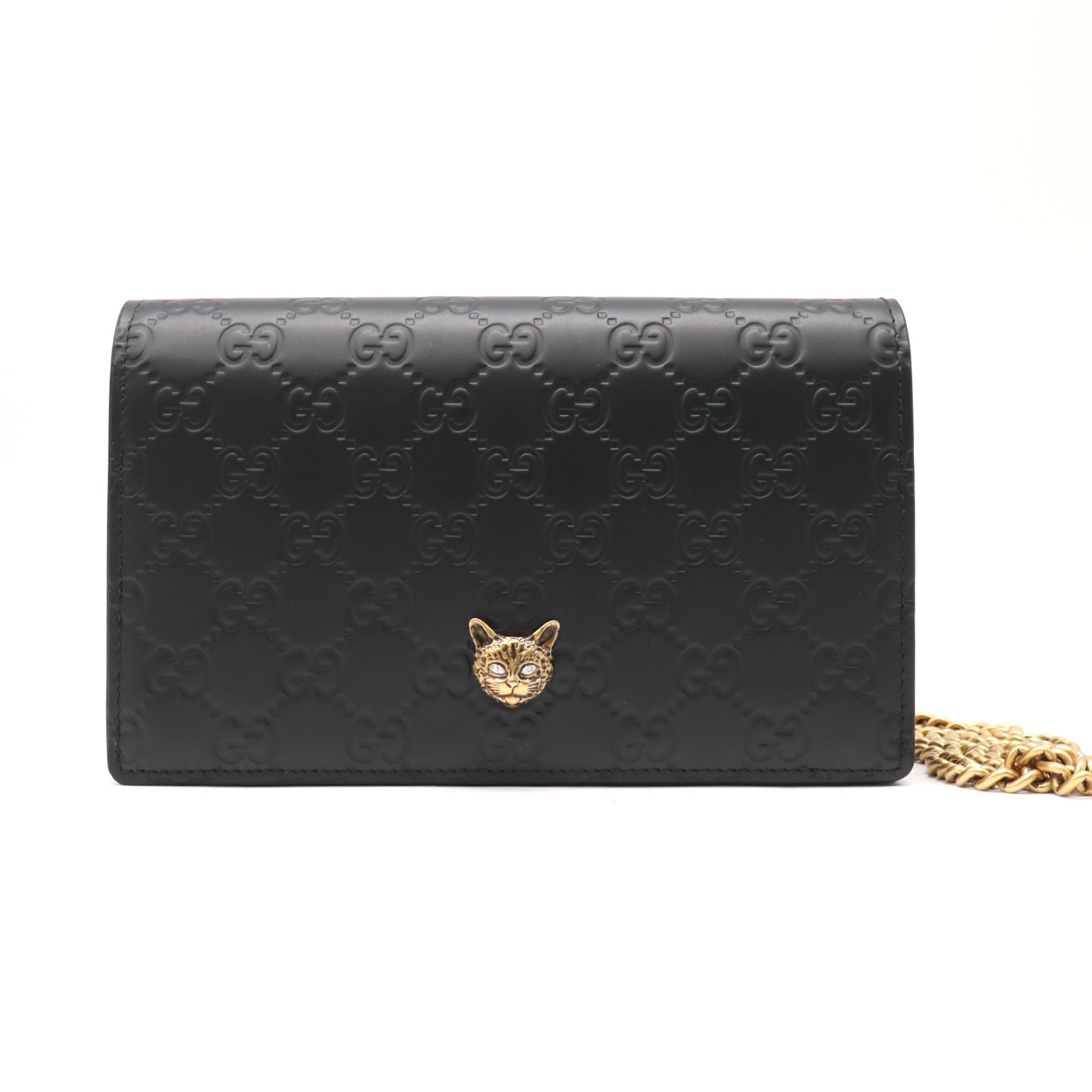 Black Guccissima Leather Crystal Cat Wallet On Chain Bag Twins LDJ4790