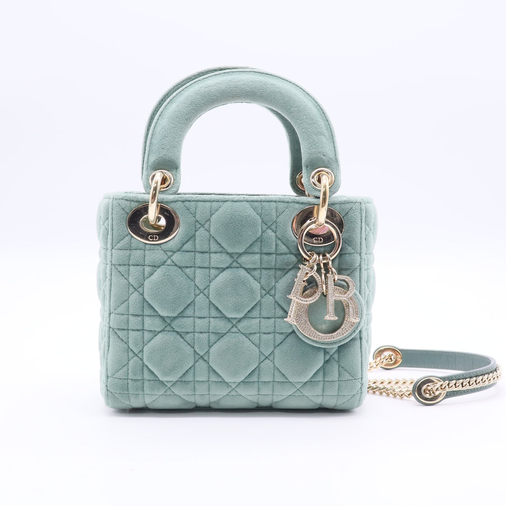 Lady Dior Chain Bag Cannage Quilt Velvet with Crystal Charms Mini Twins LDJ2502