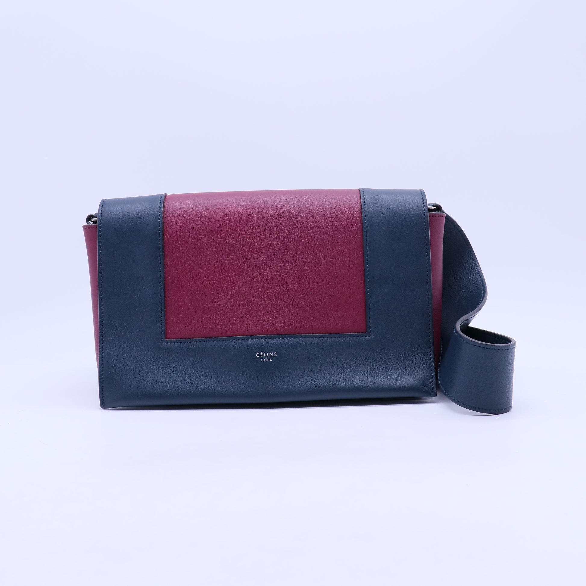 Shiny Smooth Calfskin Medium Frame Shoulder Bag Steel Blue Plum B21244