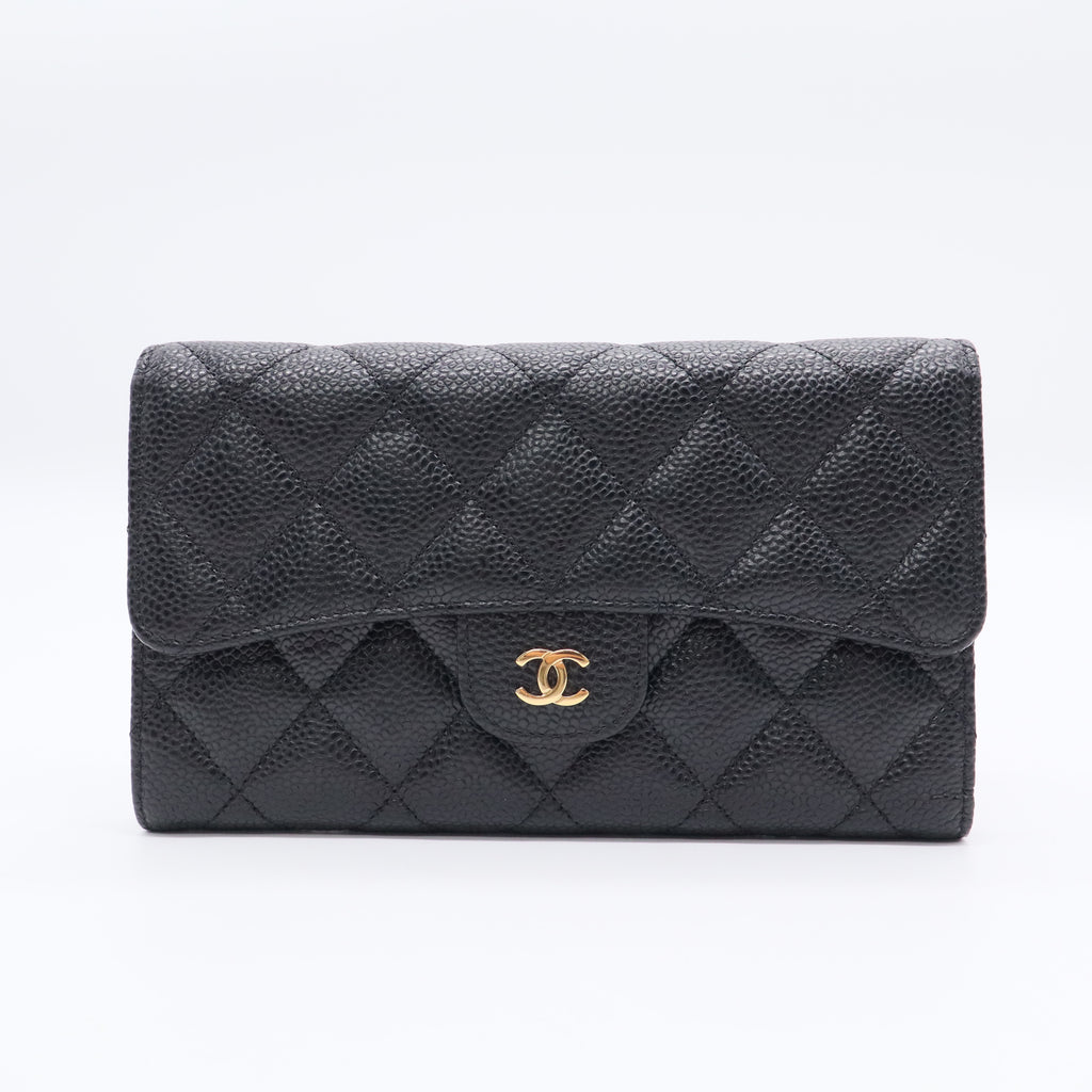 Chanel Black Quilted Caviar Leather Gold Hardware L-Gusset Flap Wallet Twins LDJ3298