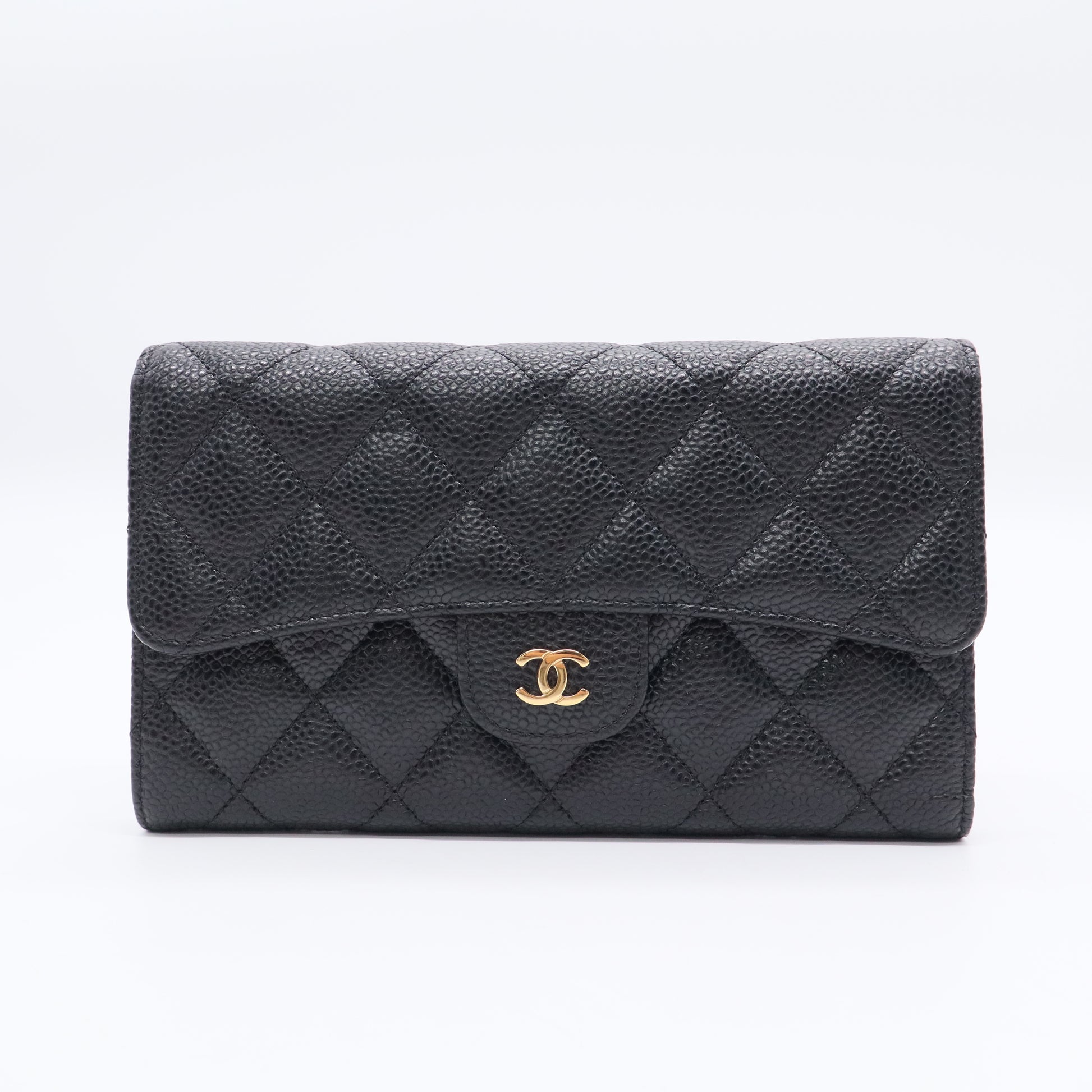 Chanel Black Quilted Caviar Leather Gold Hardware L-Gusset Flap Wallet Twins LDJ3298