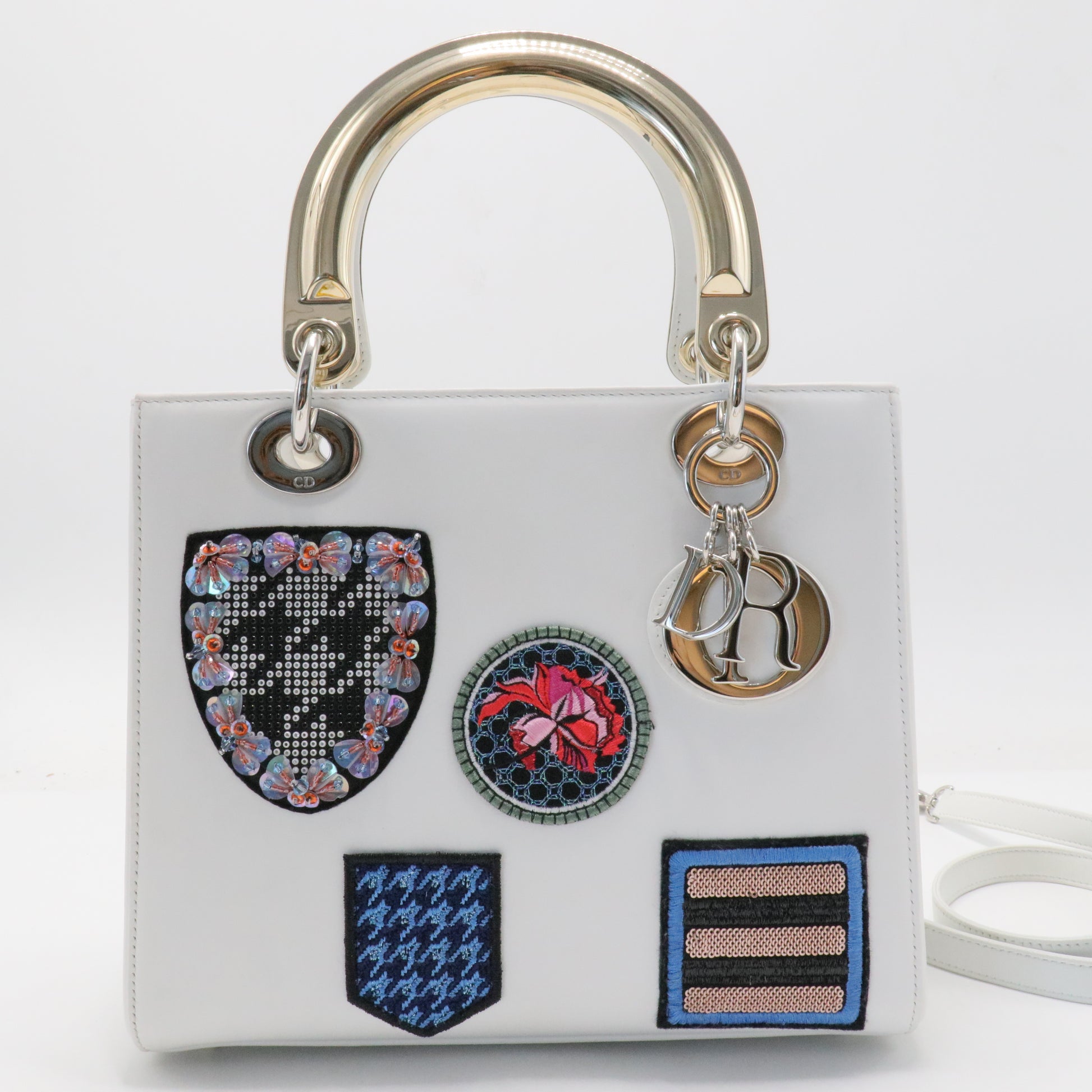Lady Dior Badge Embellished Patent Leather Bag