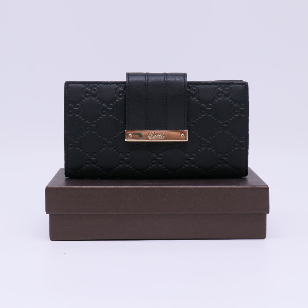 Gucci Black Guccissima Leather Metal Bar Continental Wallet W22291
