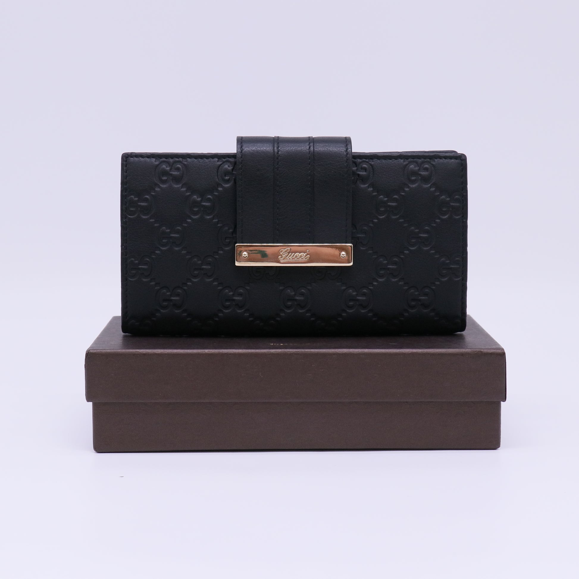 Gucci Black Guccissima Leather Metal Bar Continental Wallet W22291