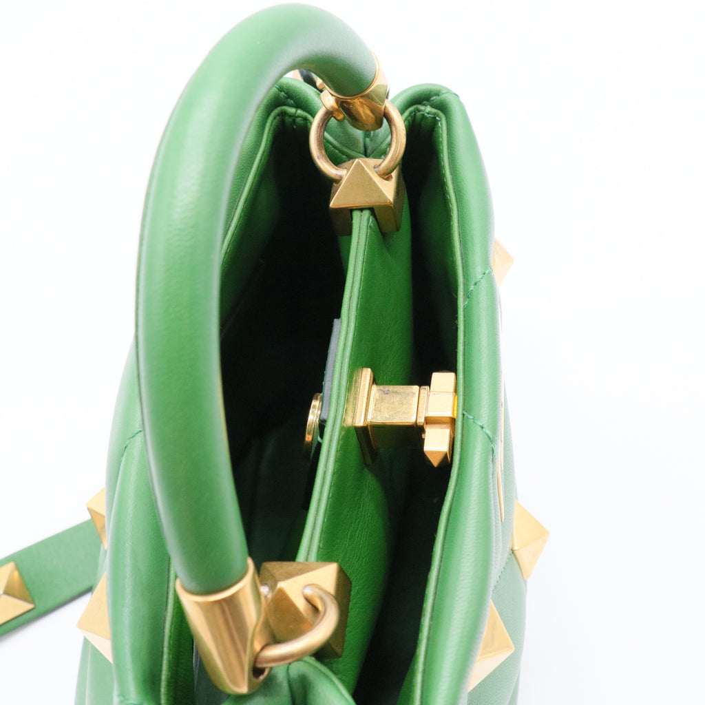 Valentino Green Quilted Leather Small Roman Stud Top Handle Bag Gisel