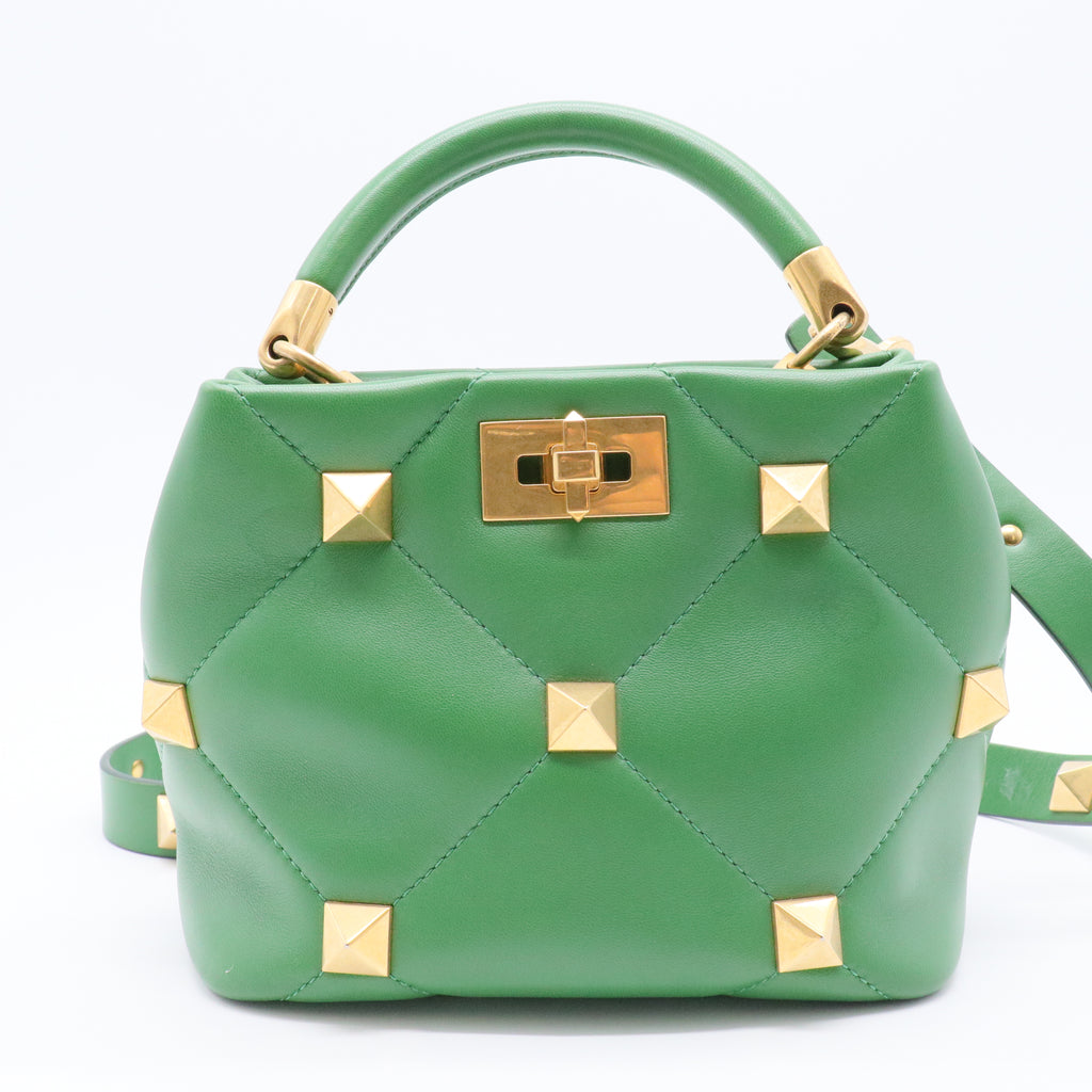 Valentino Green Quilted Leather Small Roman Stud Top Handle Bag Gisel