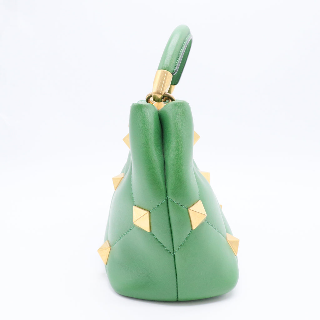 Valentino Green Quilted Leather Small Roman Stud Top Handle Bag Gisel