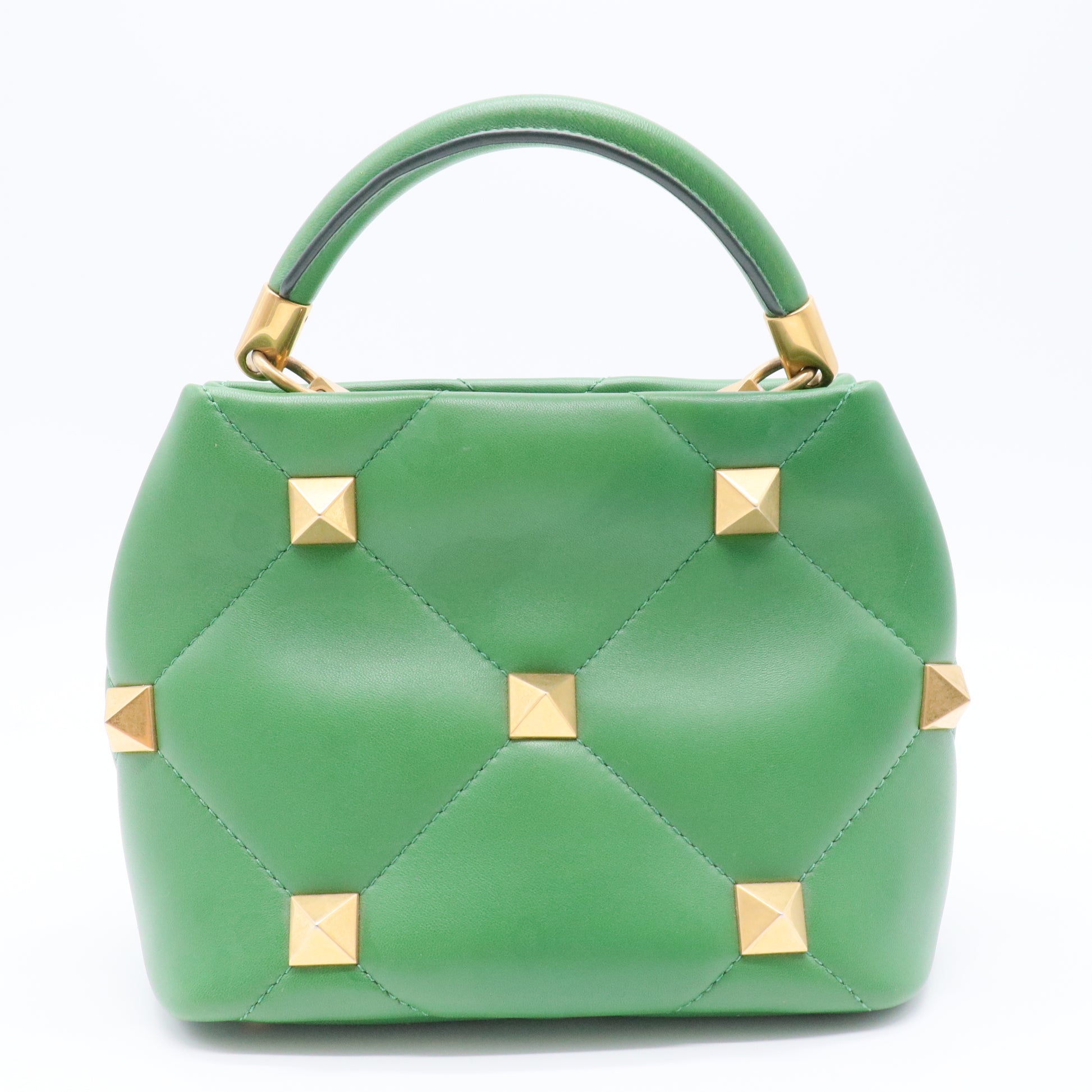 Valentino Green Quilted Leather Small Roman Stud Top Handle Bag Gisel