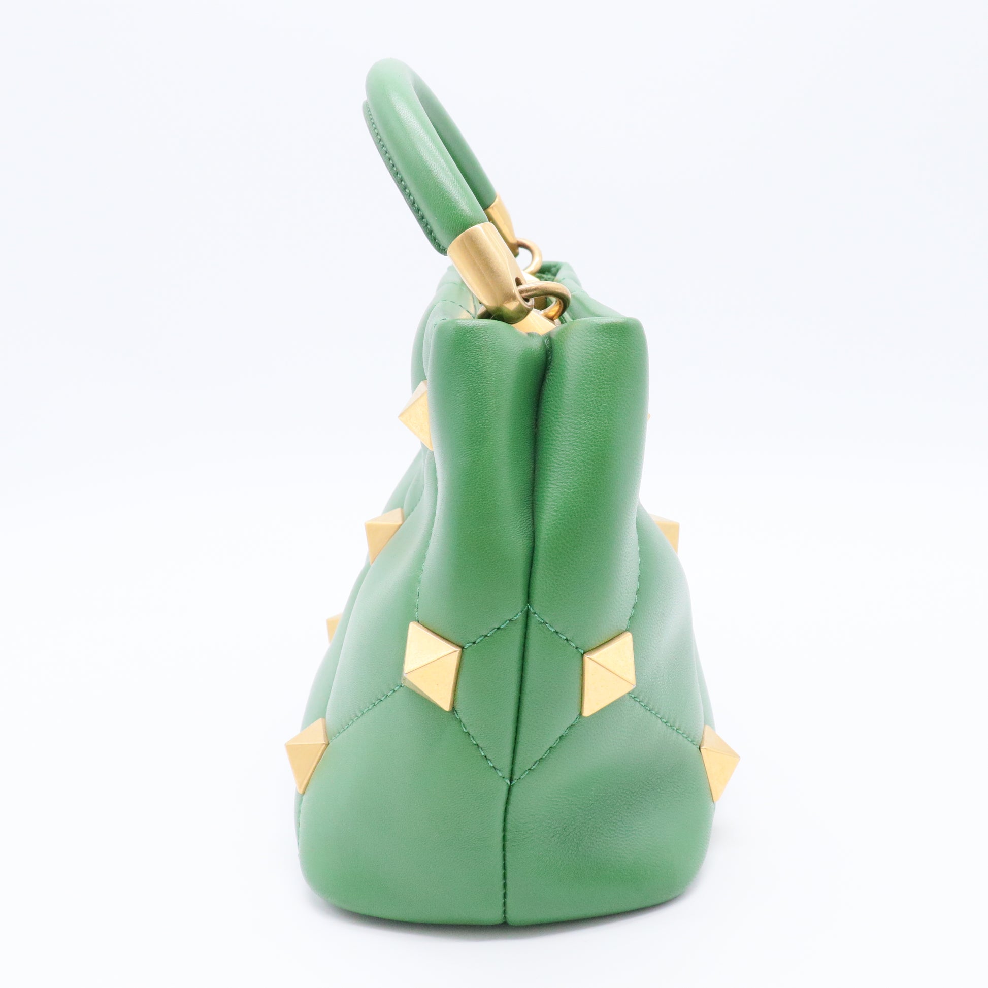 Valentino Green Quilted Leather Small Roman Stud Top Handle Bag Gisel