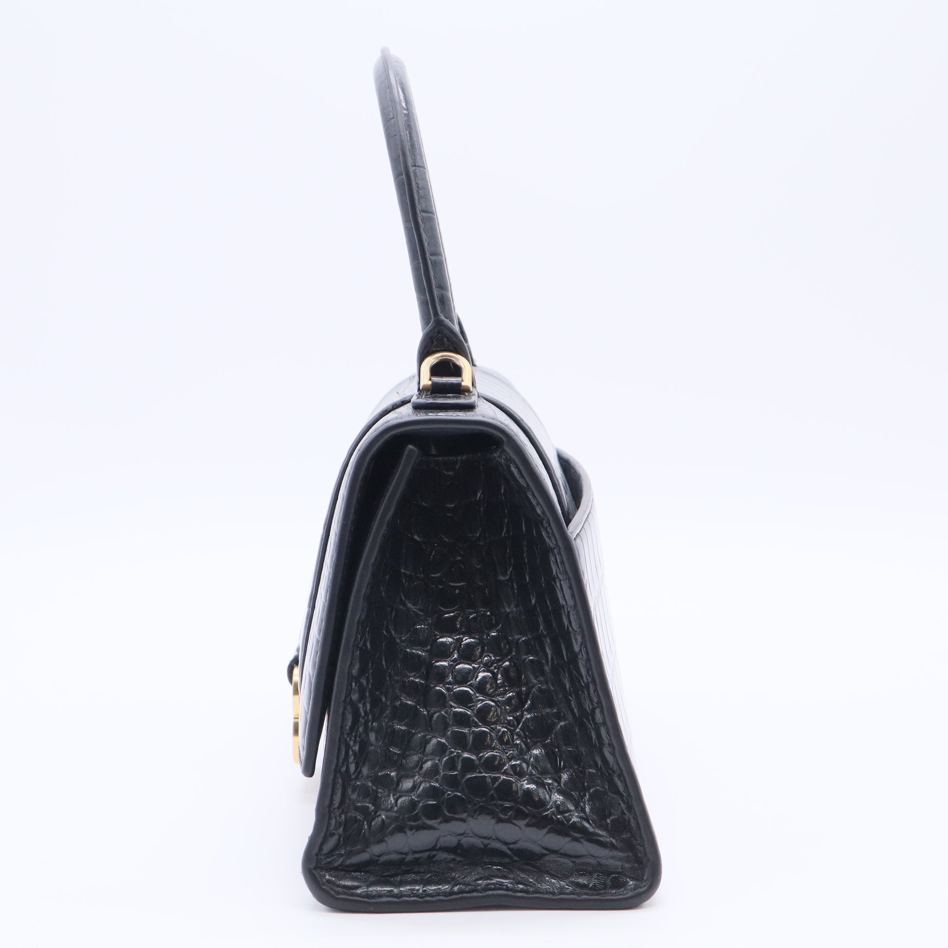 Hourglass Top Handle Bag Crocodile Embossed Leather Small