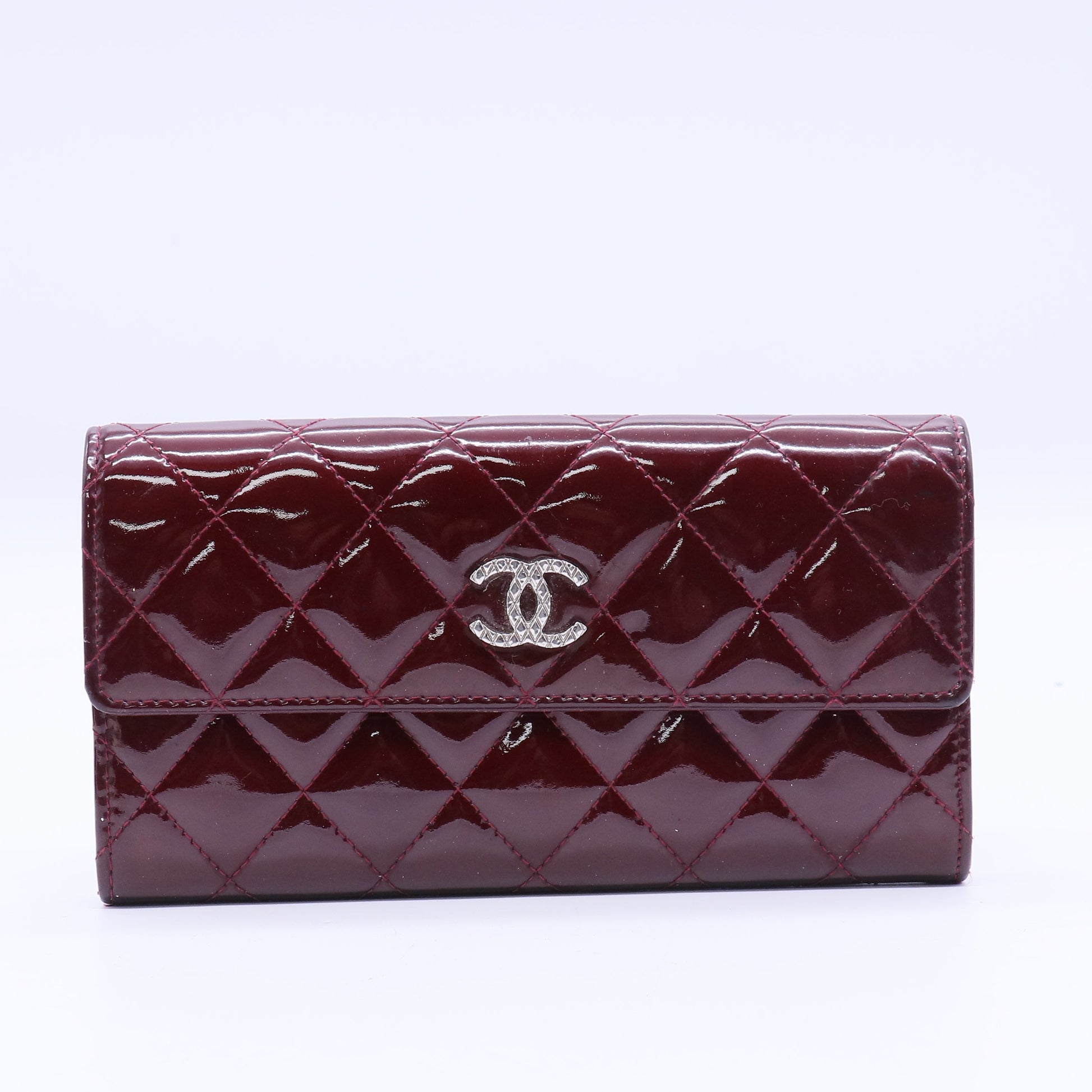 Chanel Patent Quilted Large Brilliant Flap Wallet Dark Red Twins LDJ3844
