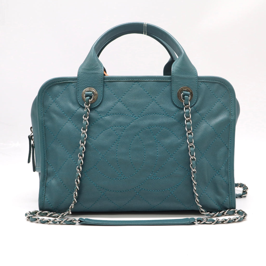 Chanel Light Blue Quilted Caviar Boston Handbag with Chain Strap LDZ133