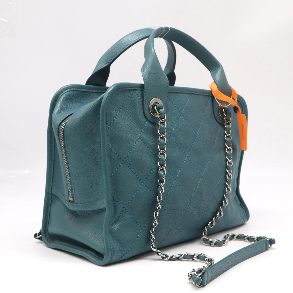 Chanel Light Blue Quilted Caviar Boston Handbag with Chain Strap LDZ133