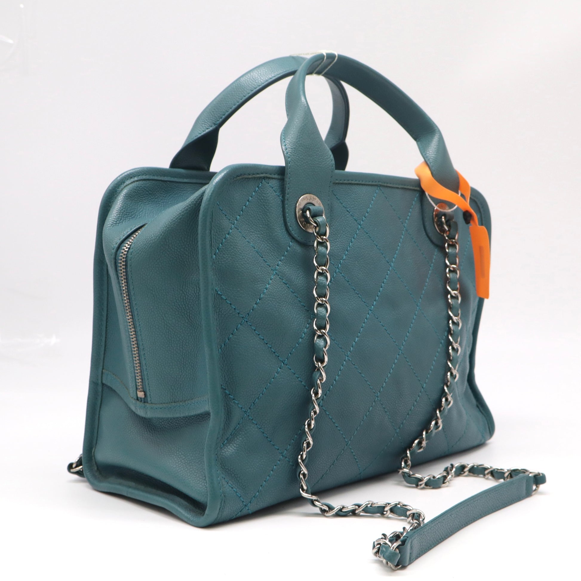 Chanel Light Blue Quilted Caviar Boston Handbag with Chain Strap LDZ133