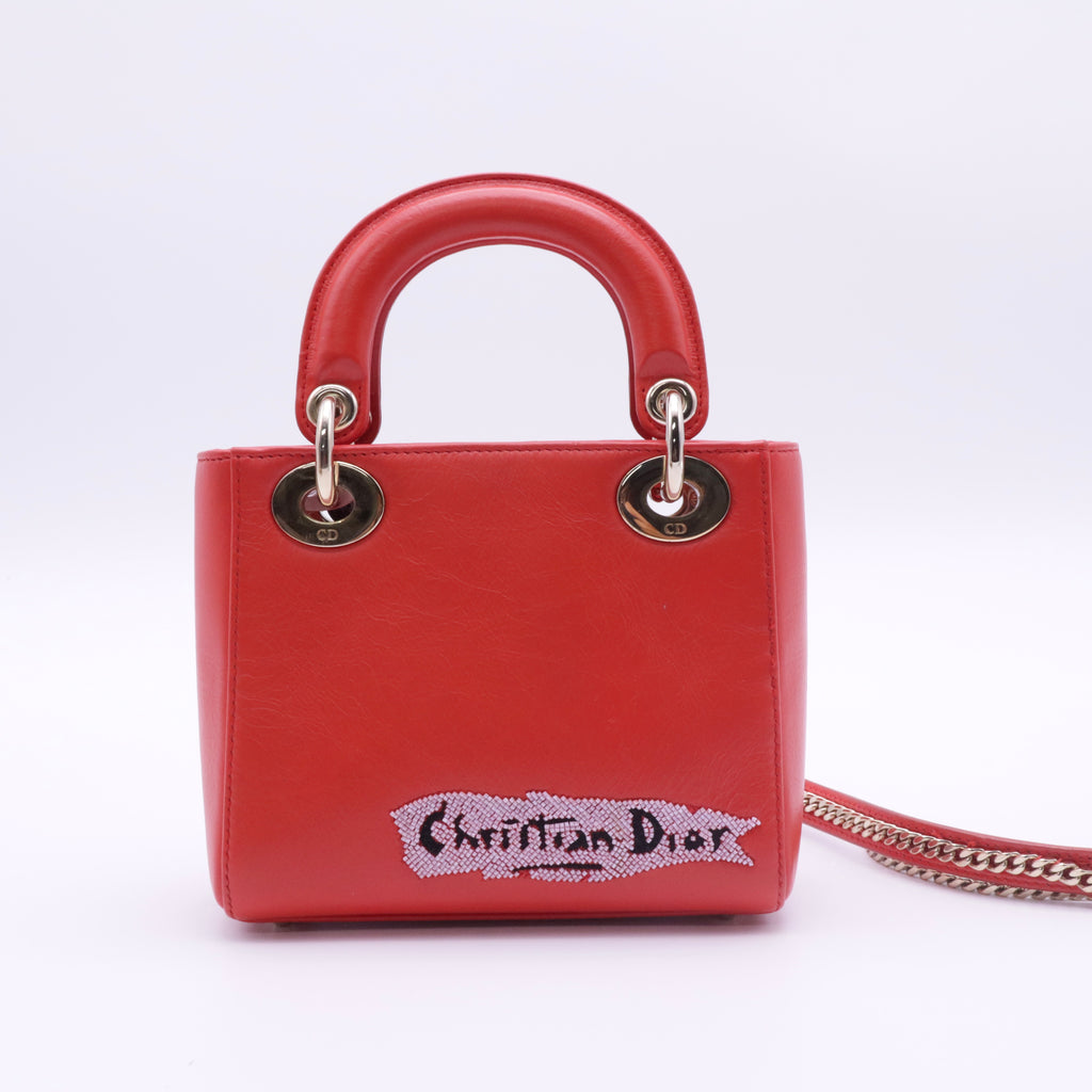 Red Mini Calfskin Sequin Embellished Lady Dior twins